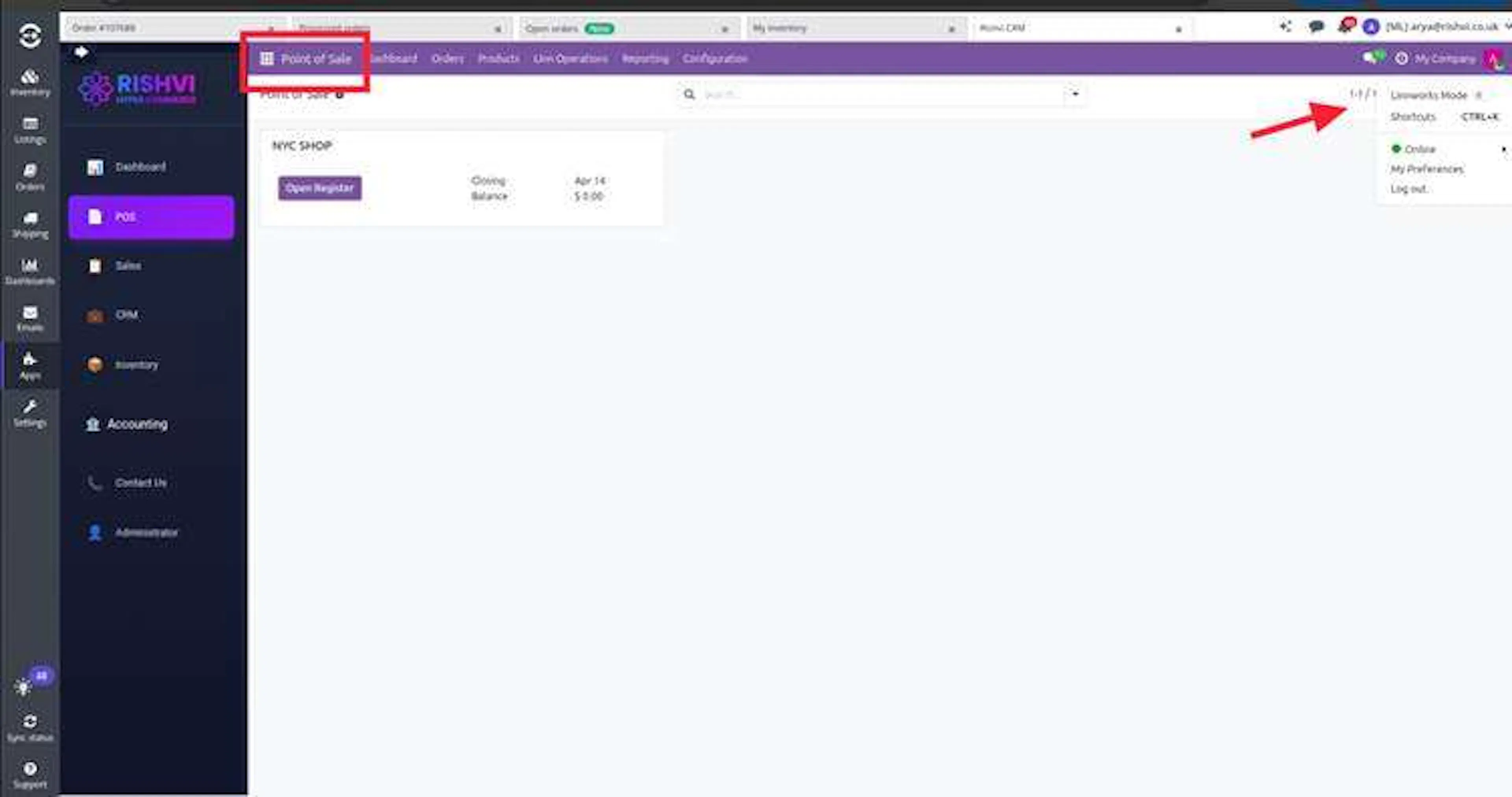 HYPER POS dashboard showing the Linnworks Mode toggle in the user menu