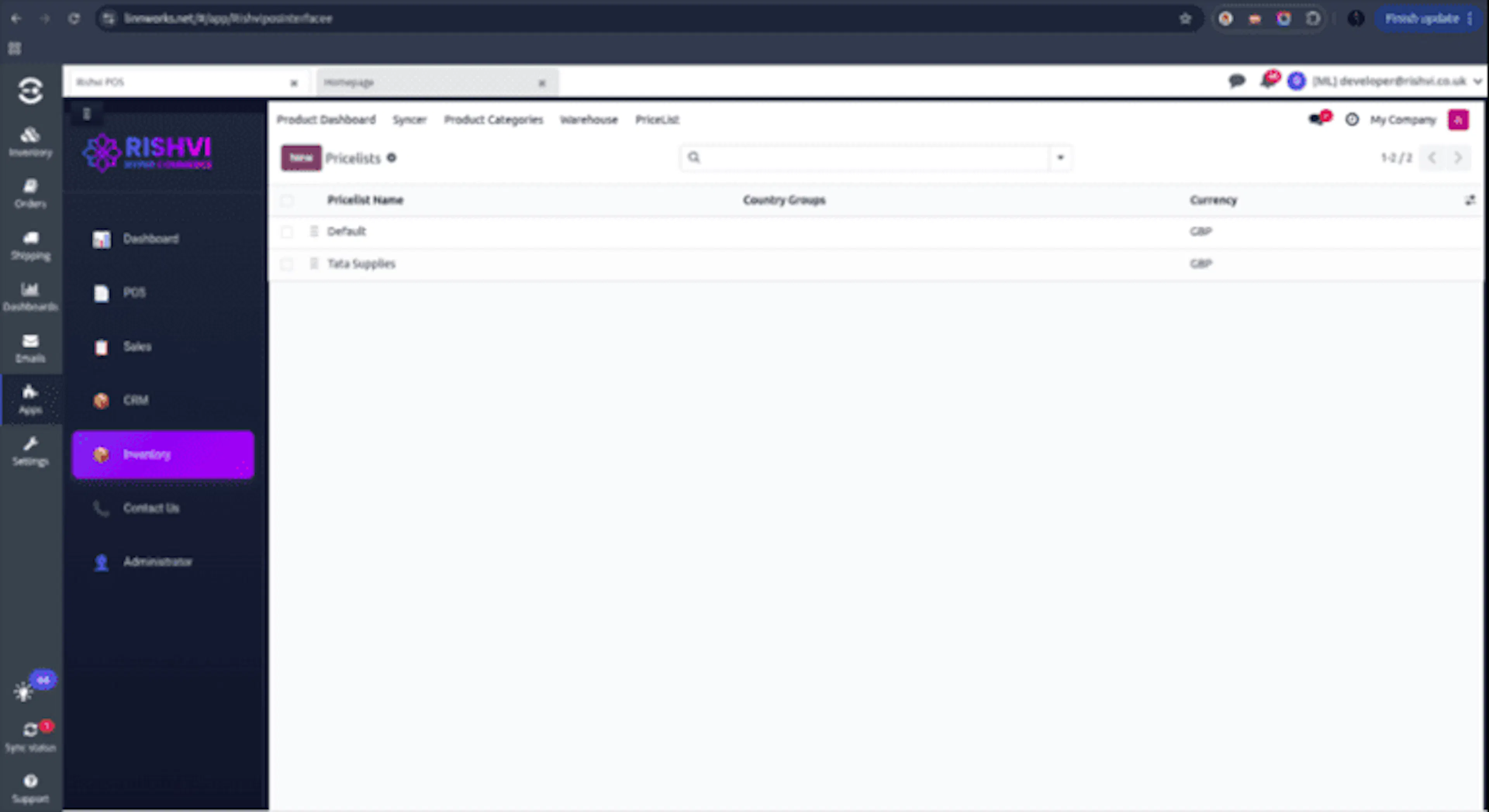 Pricelist list showing pricing names, country groups, and currencies