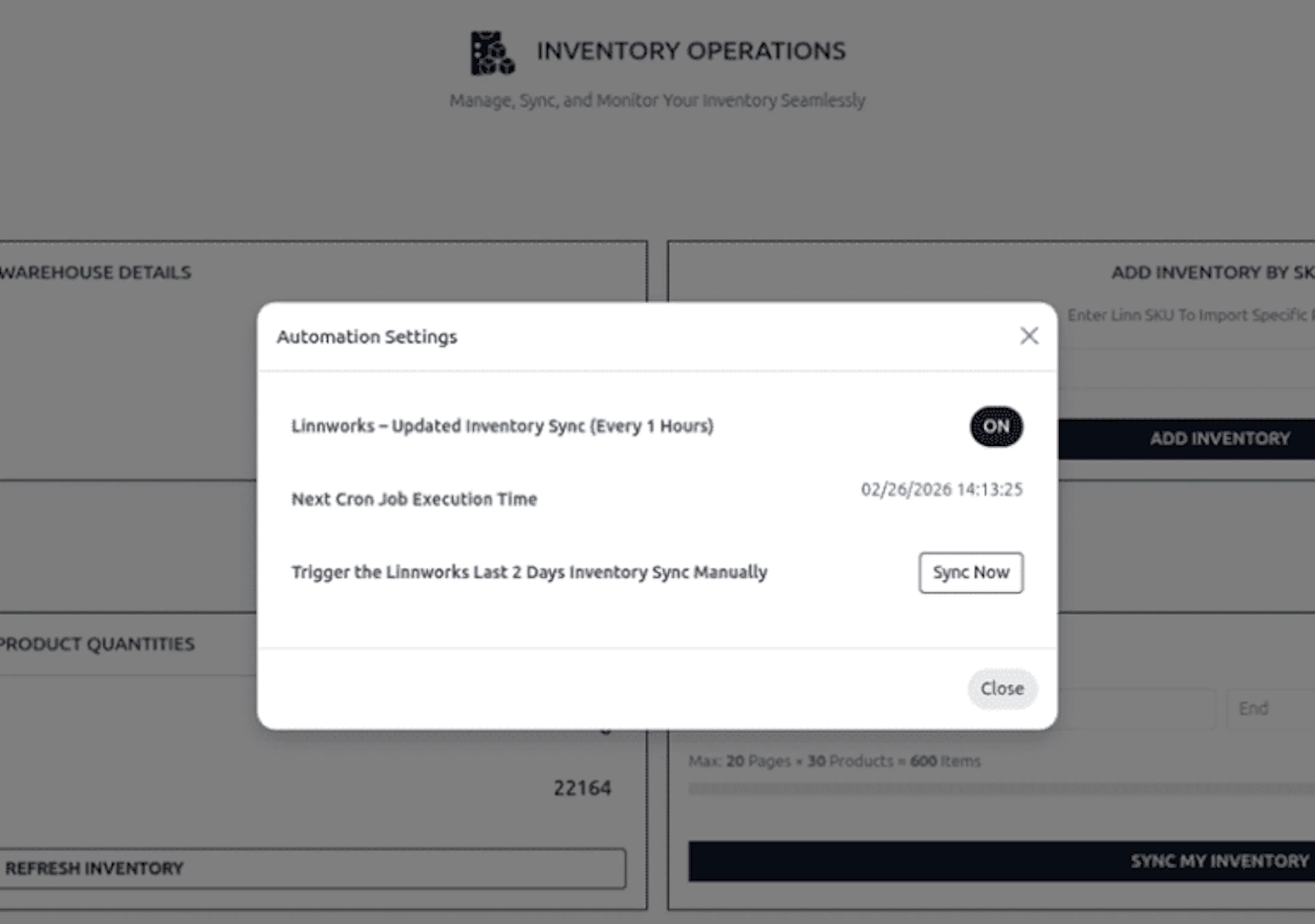 Automation Settings showing hourly Linnworks inventory synchronization, next execution time, and manual Sync Now action