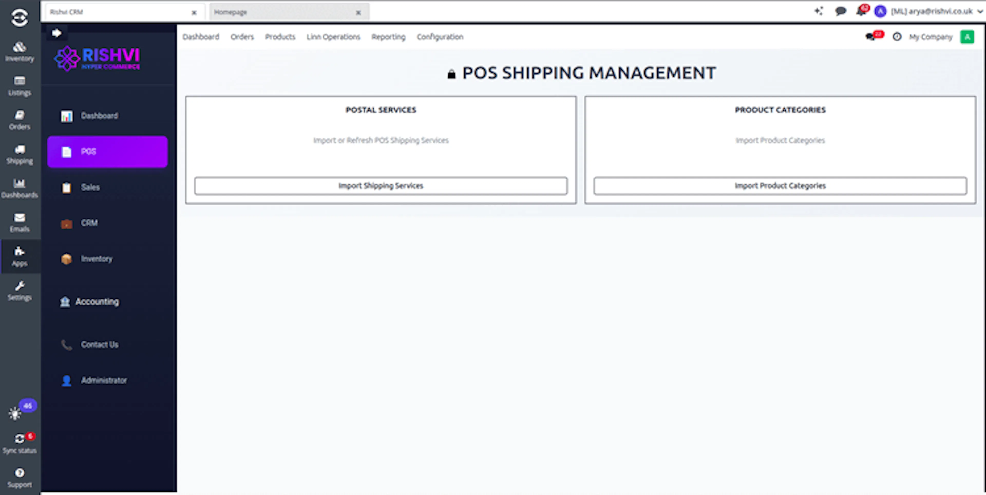 POS Shipping Management dashboard showing Import Shipping Services and Import Product Categories actions
