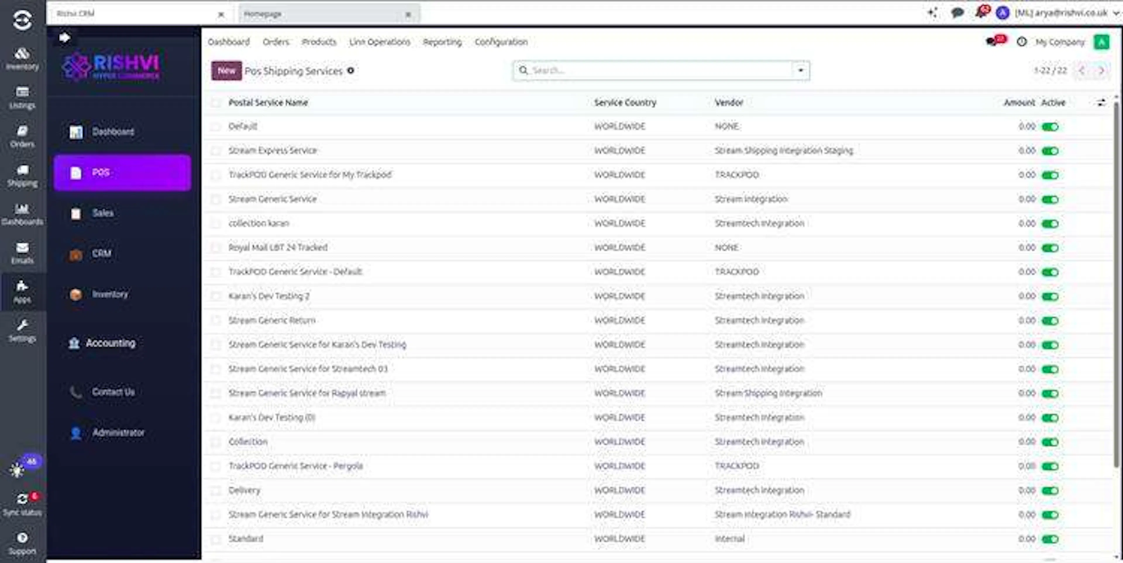 Imported POS shipping services showing service names, vendors, prices, and active statuses