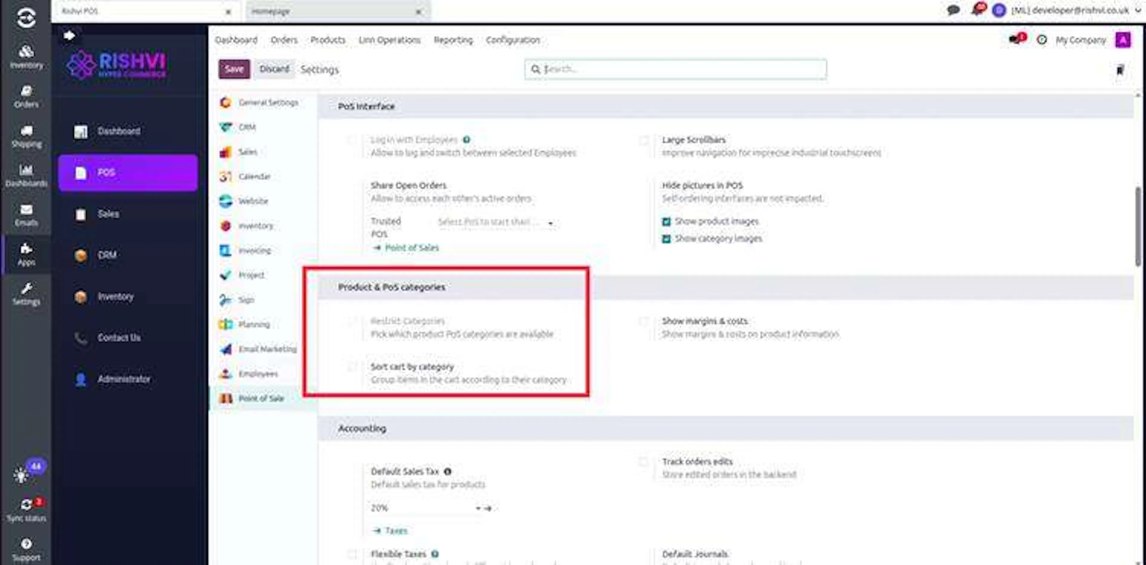 Point of Sale settings showing Product and POS categories and the Restrict Categories option