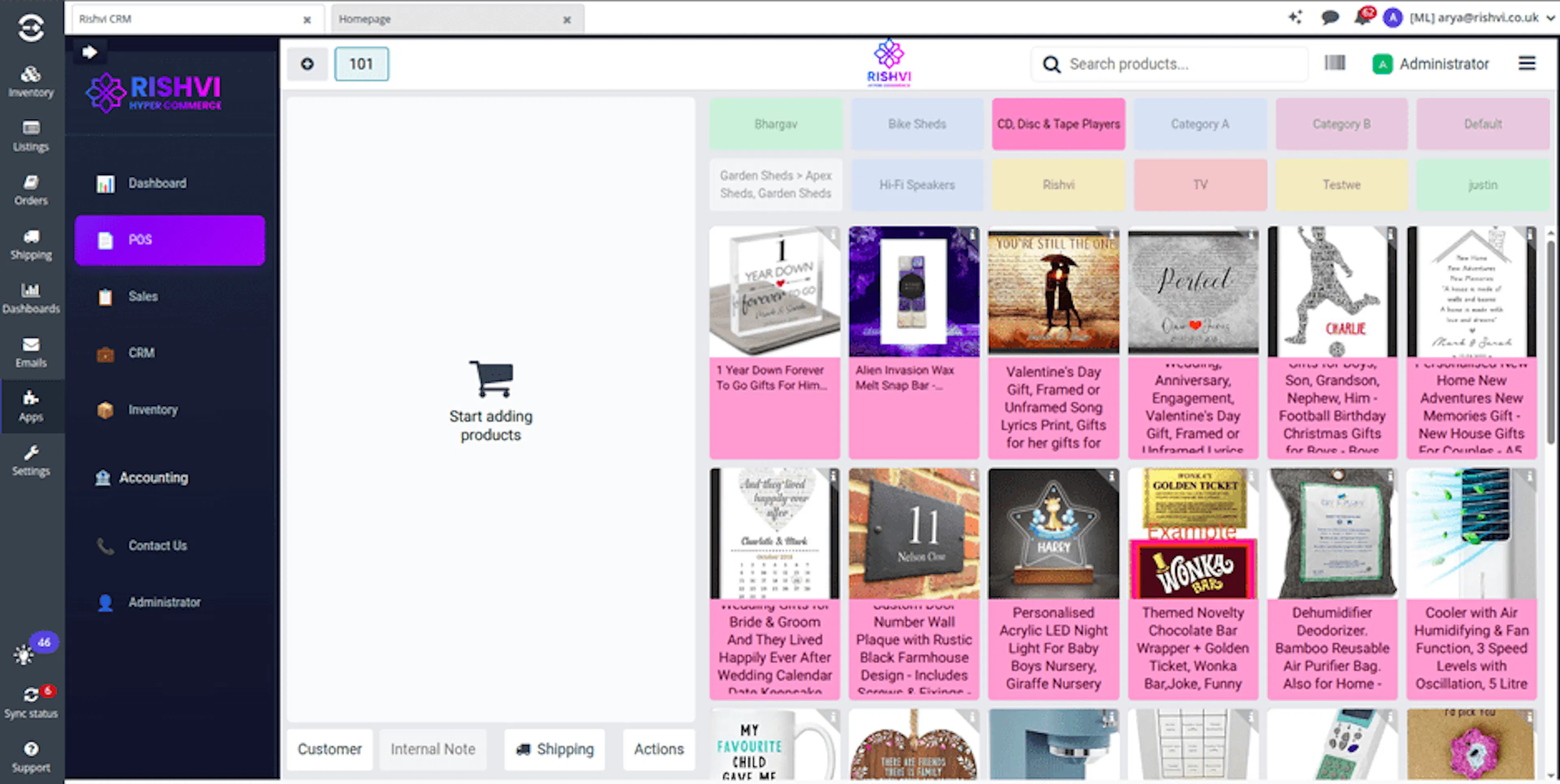Open POS session showing product categories, product grid, customer, shipping, and payment controls