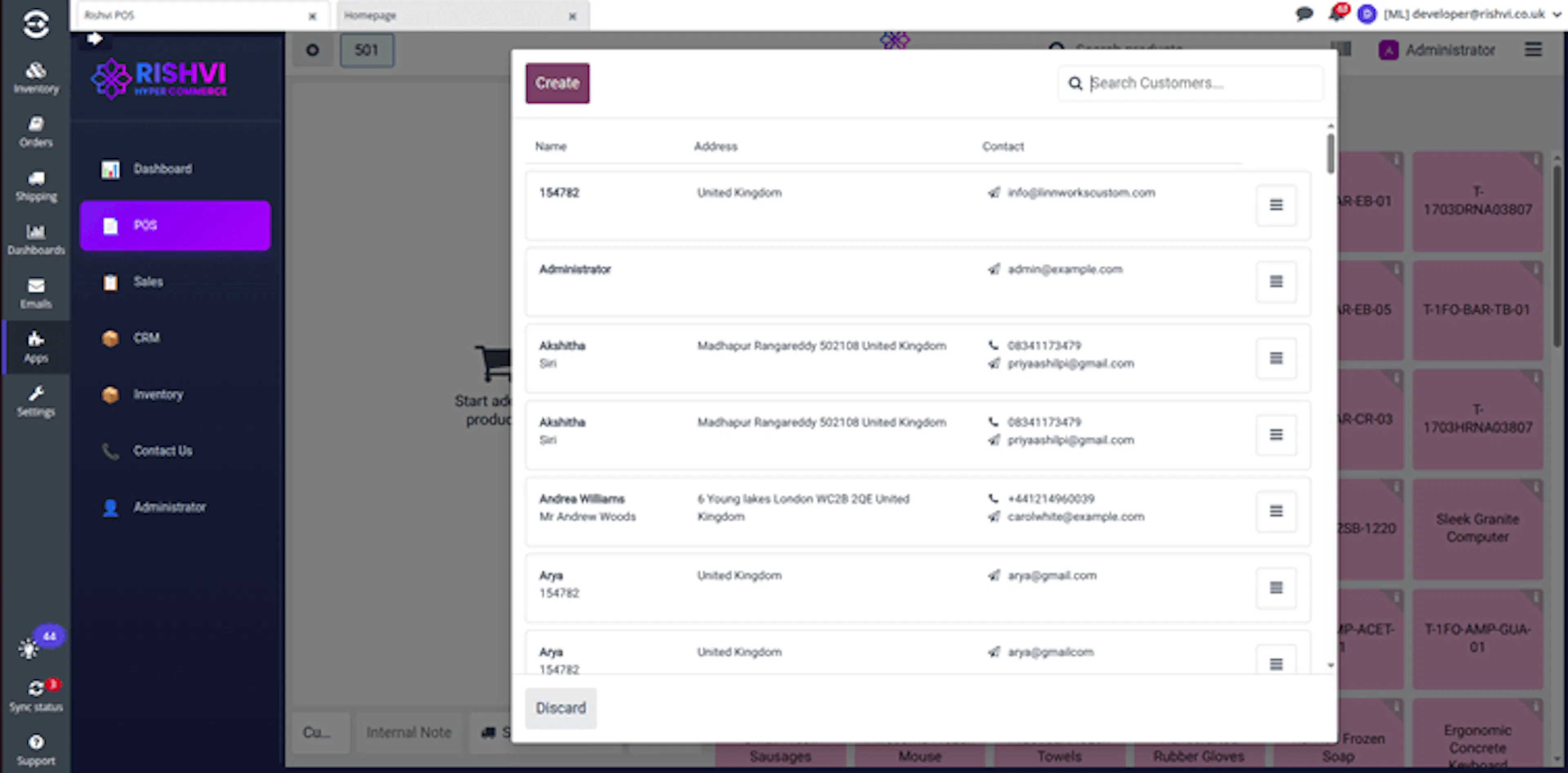 Customer selection window showing customer search and available customer records