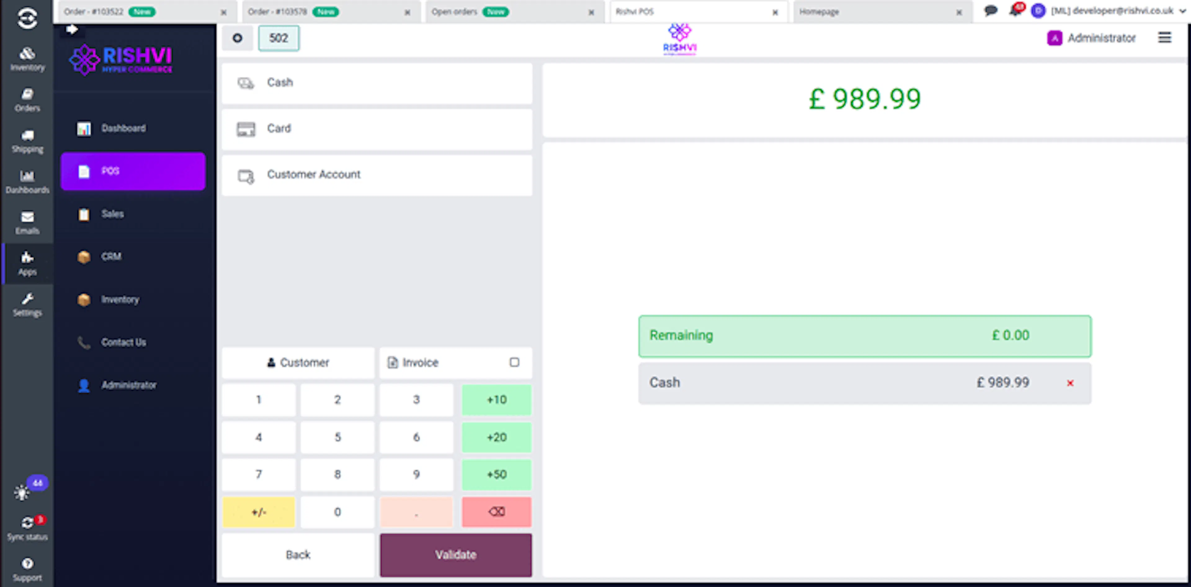 POS payment screen showing payment methods, order total, remaining amount, and Validate action