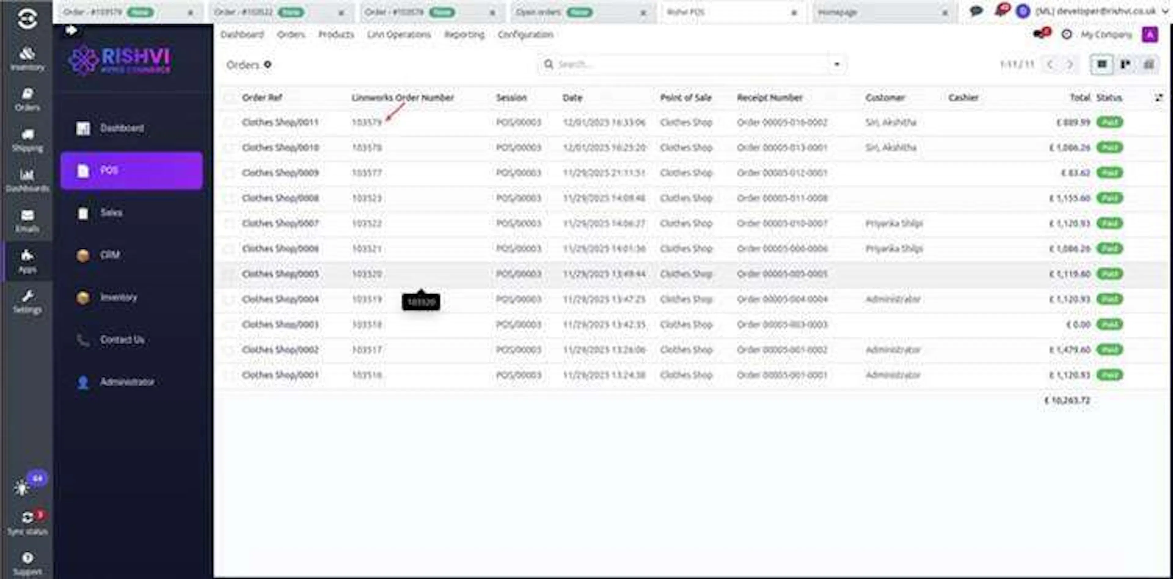 HYPER order list showing Linnworks order numbers and payment statuses