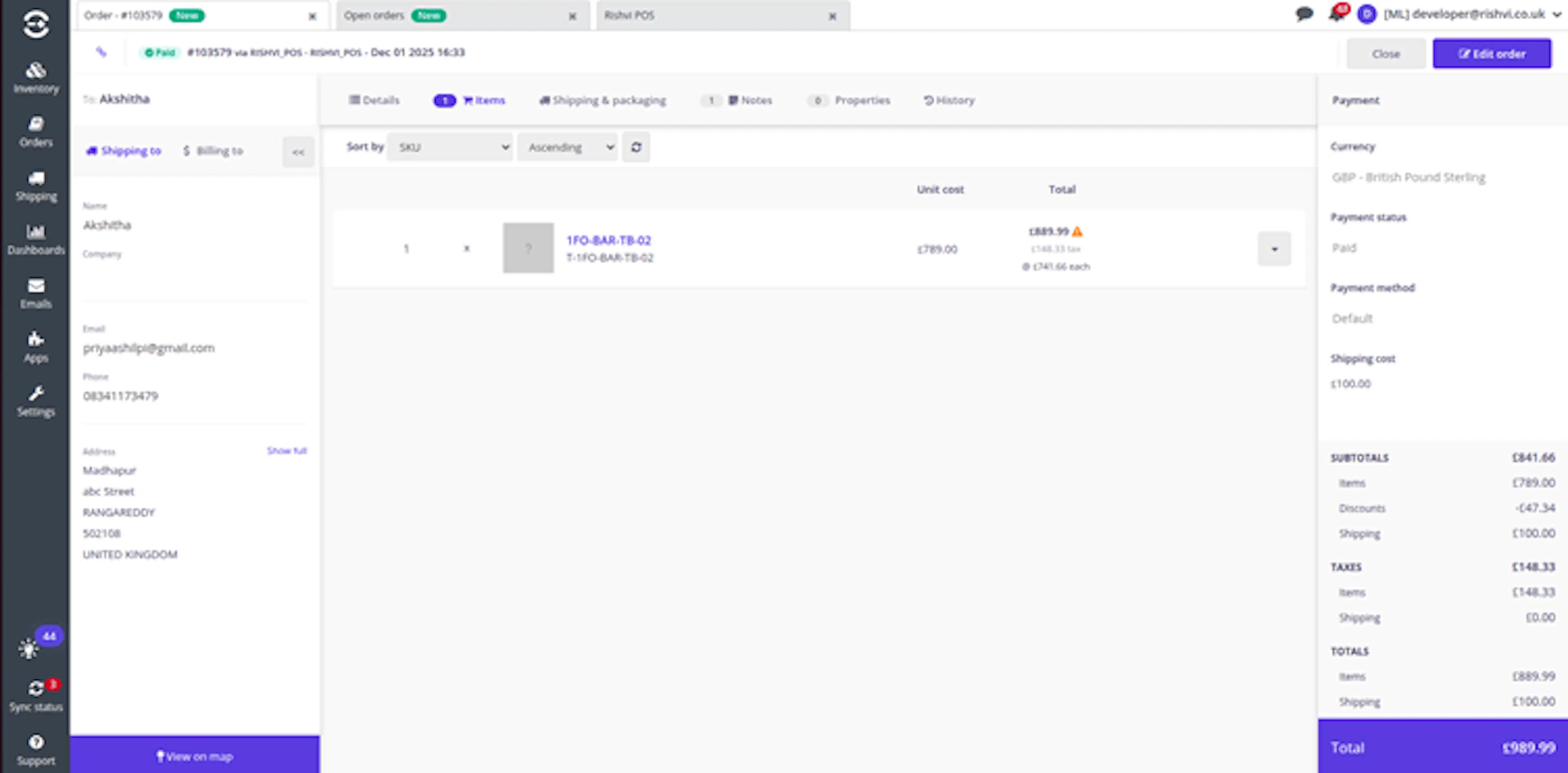 Linnworks order details showing customer, items, payment, shipping, taxes, and total