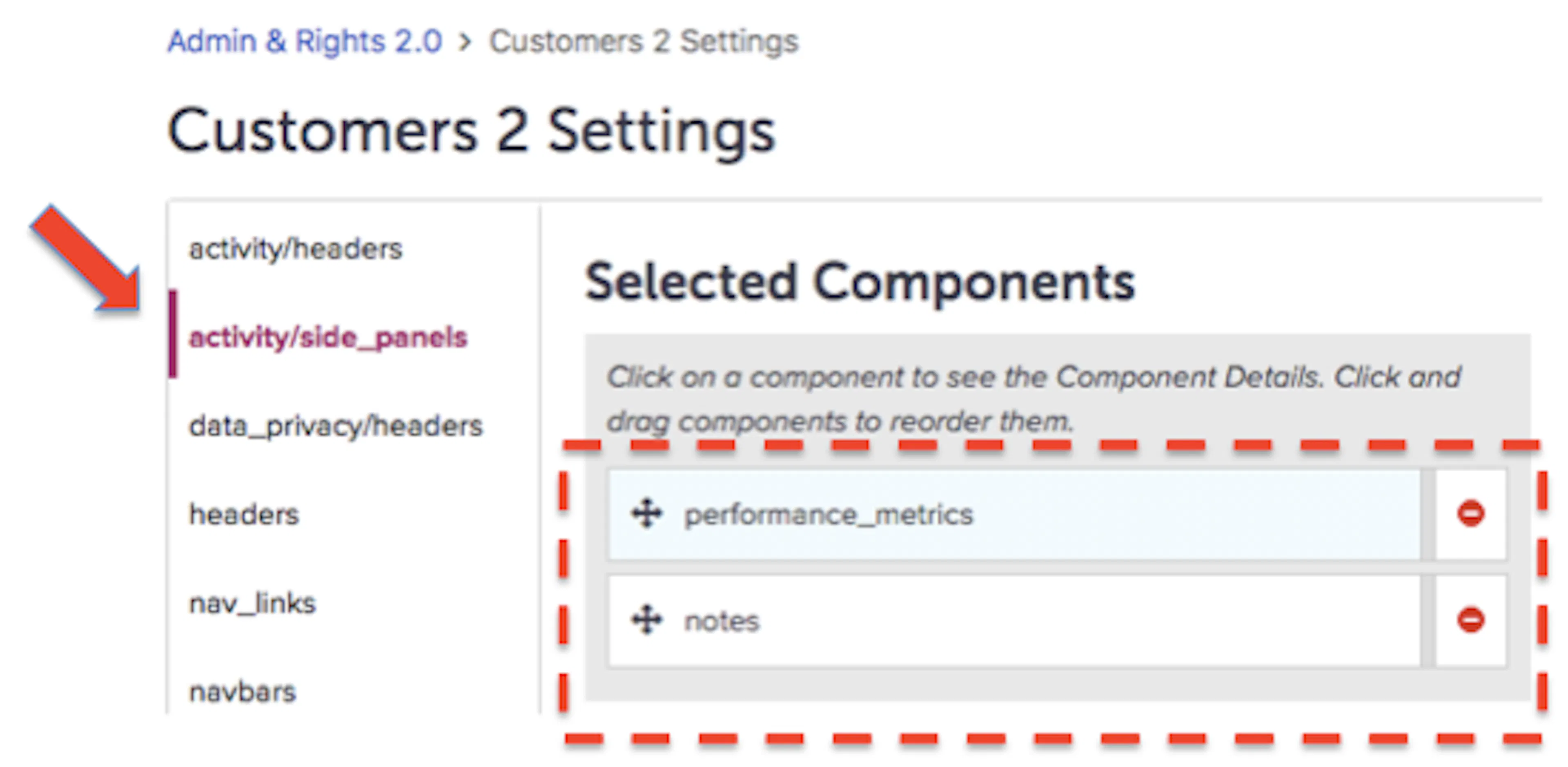 activity/side_panels components and their sequence in Customers 2 Settings