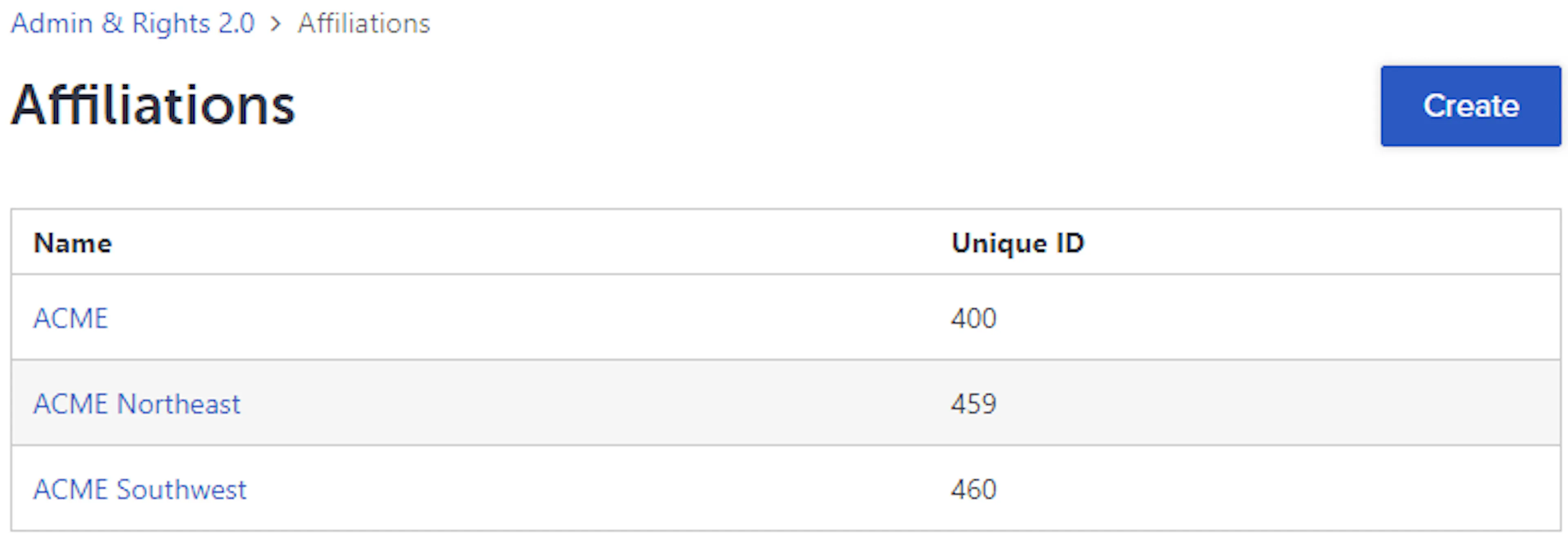 Affiliations page listing existing affiliation trees