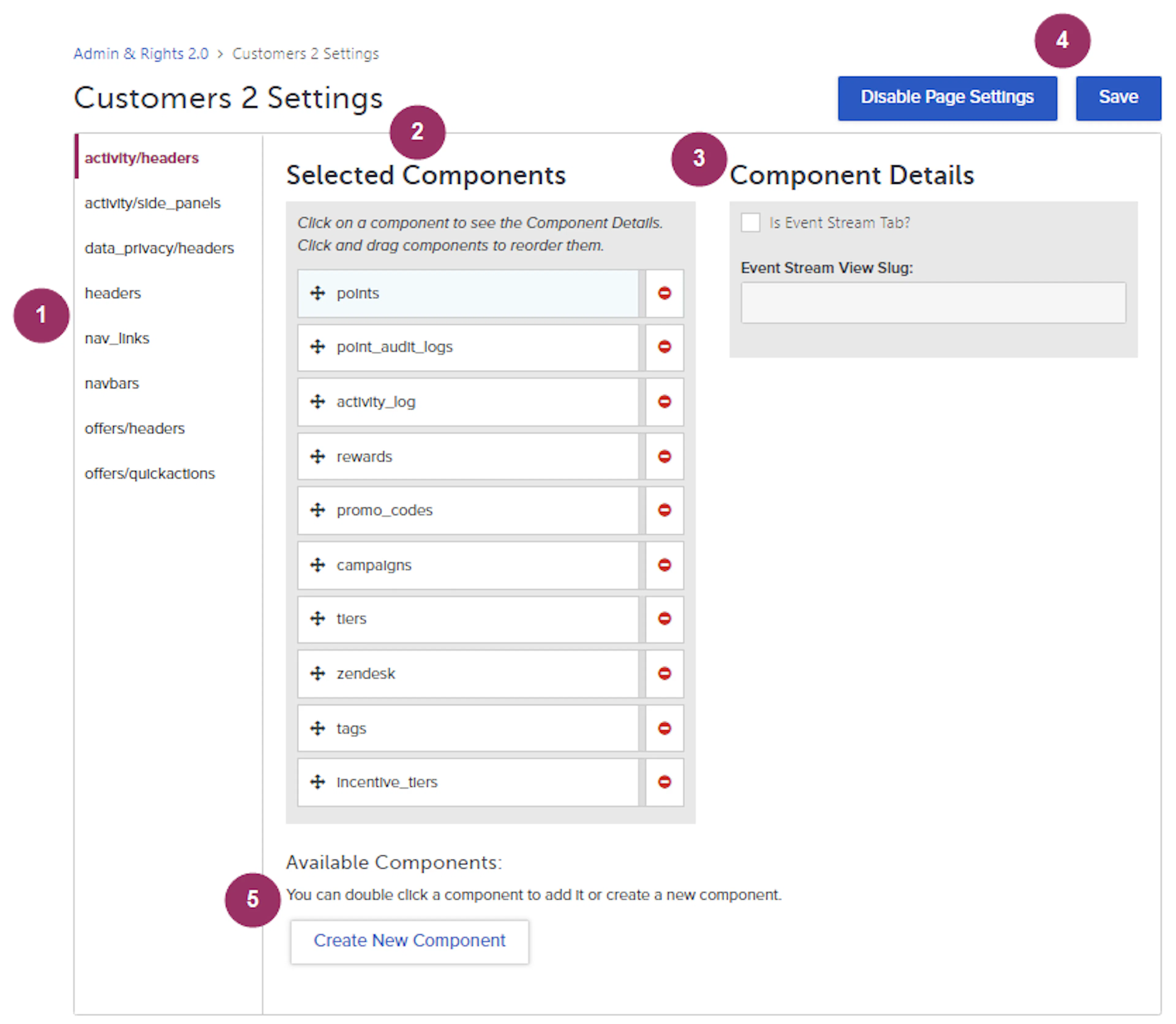 Customers 2 Settings page with numbered callouts