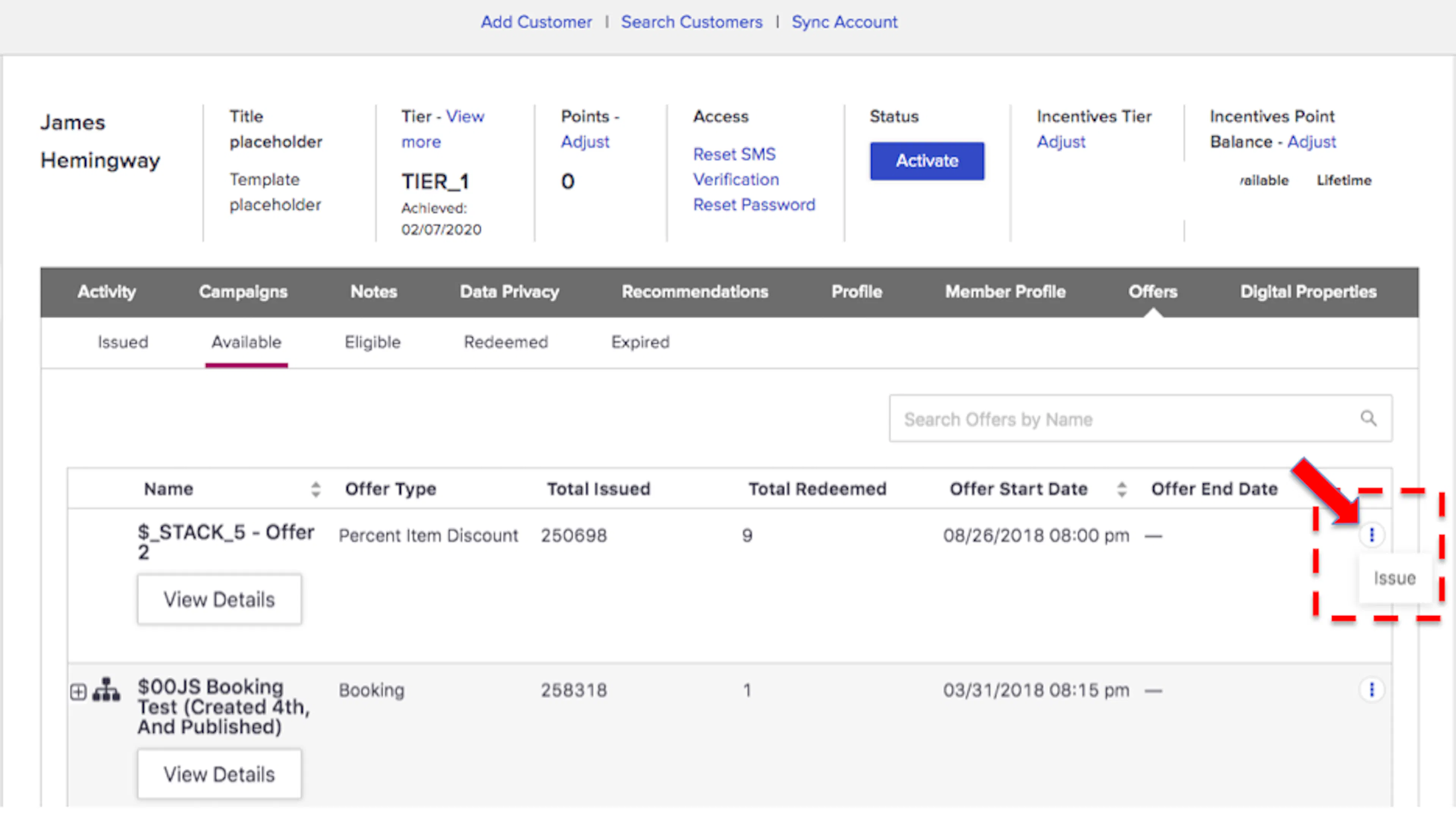 Quick action available on the Available sub-tab