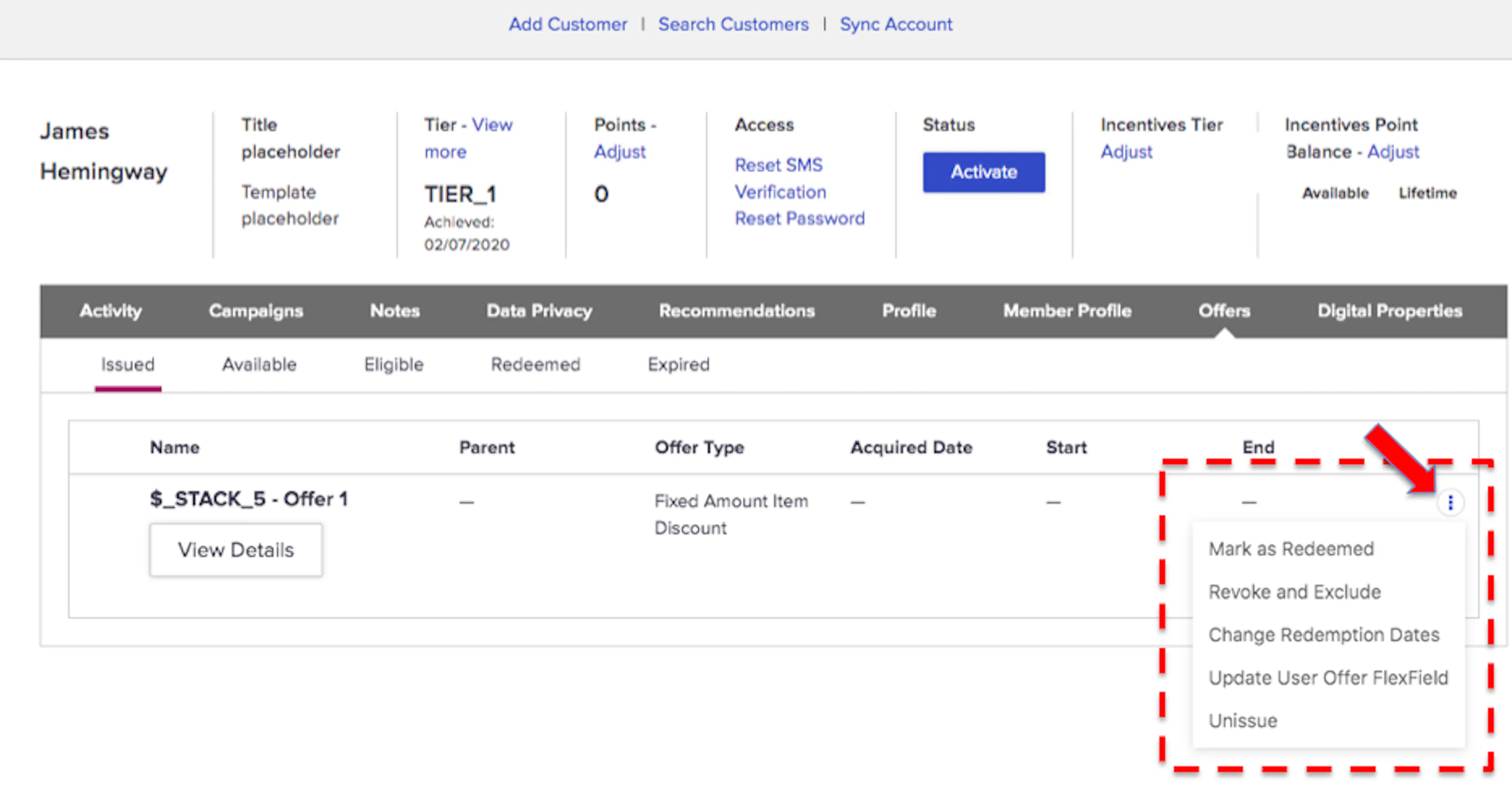 Quick actions available on the Issued sub-tab