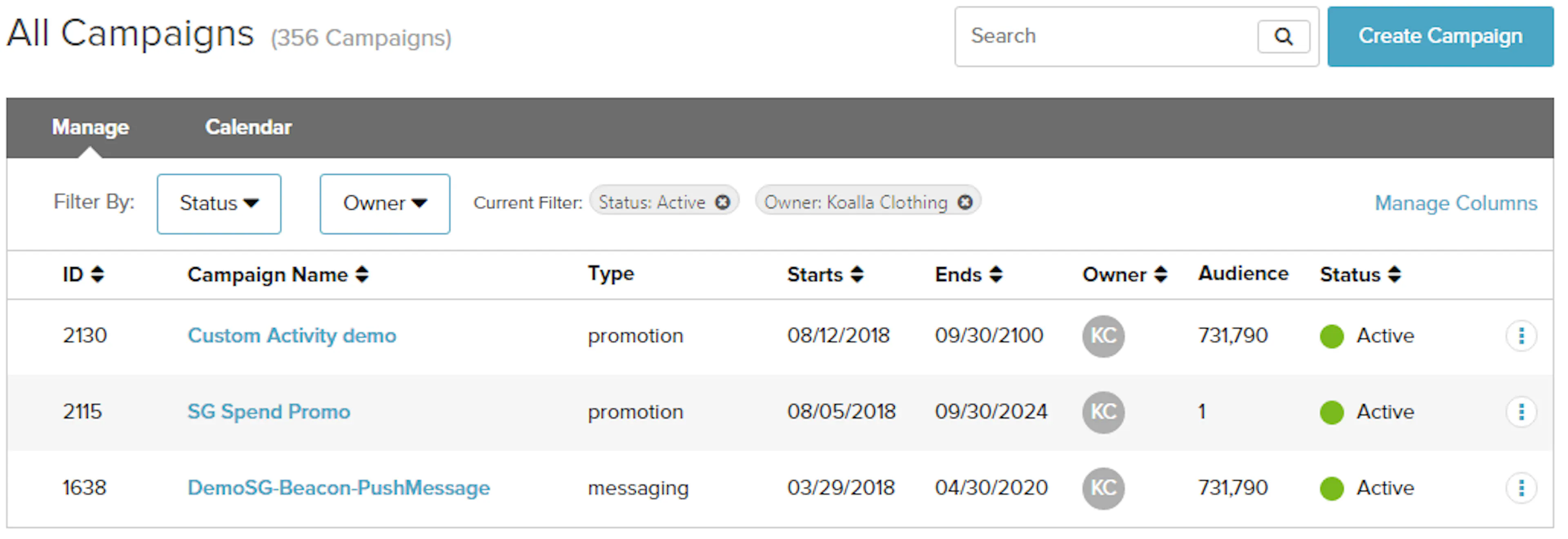 Manage tab listing campaigns defined for the brand
