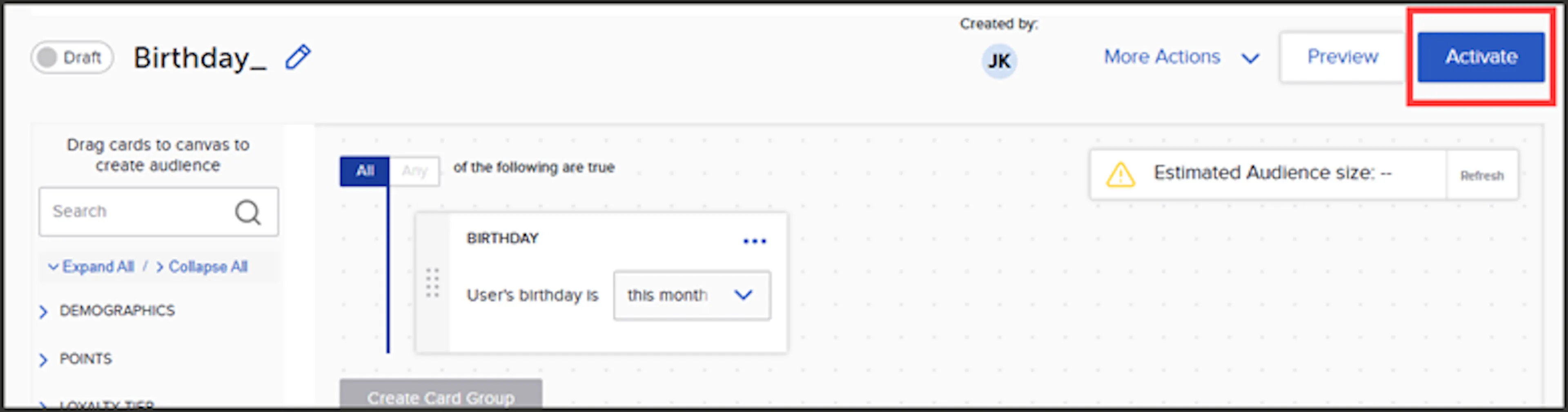 Activate button on the Audience Builder page