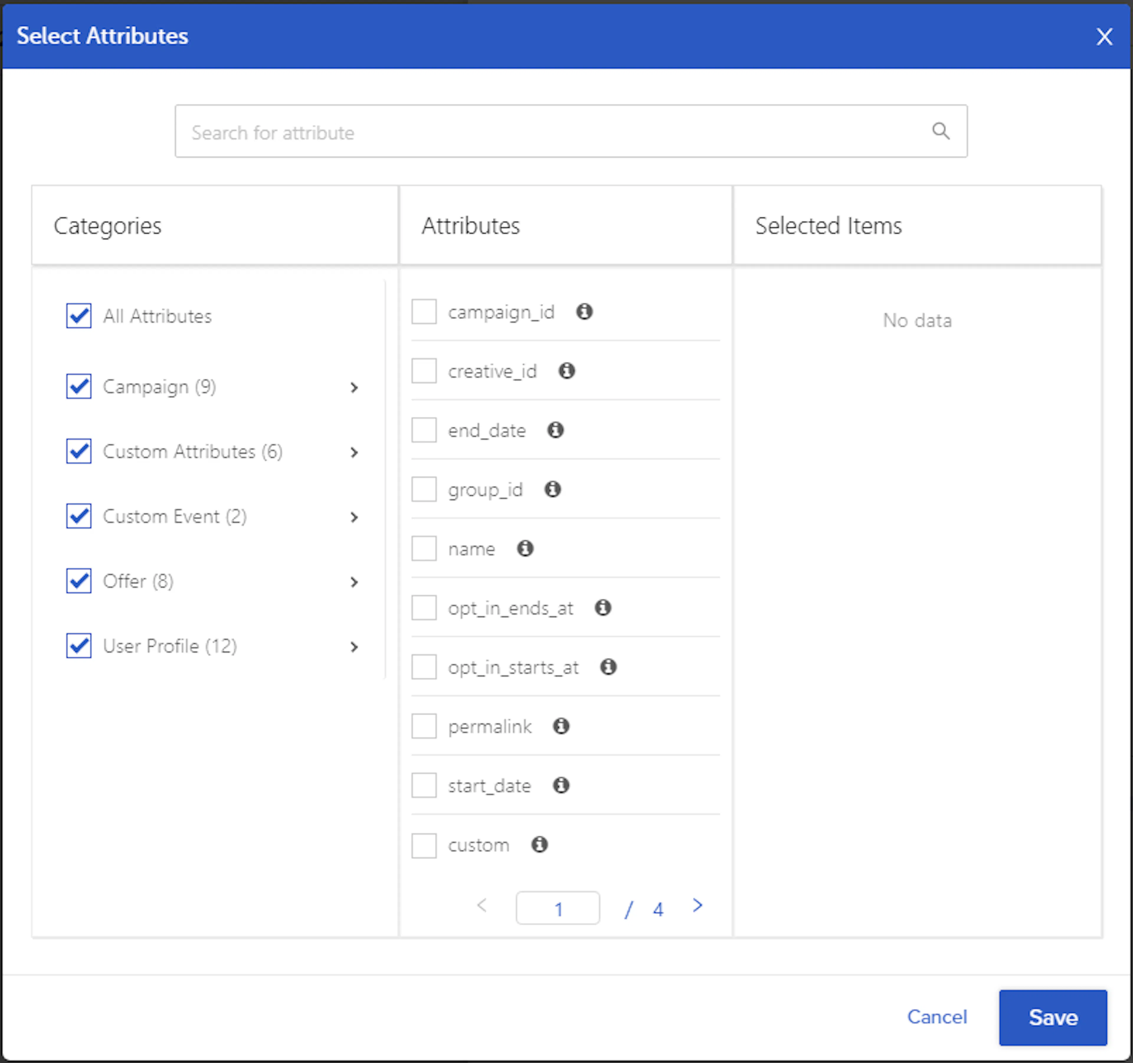 Select Attributes window showing attribute categories