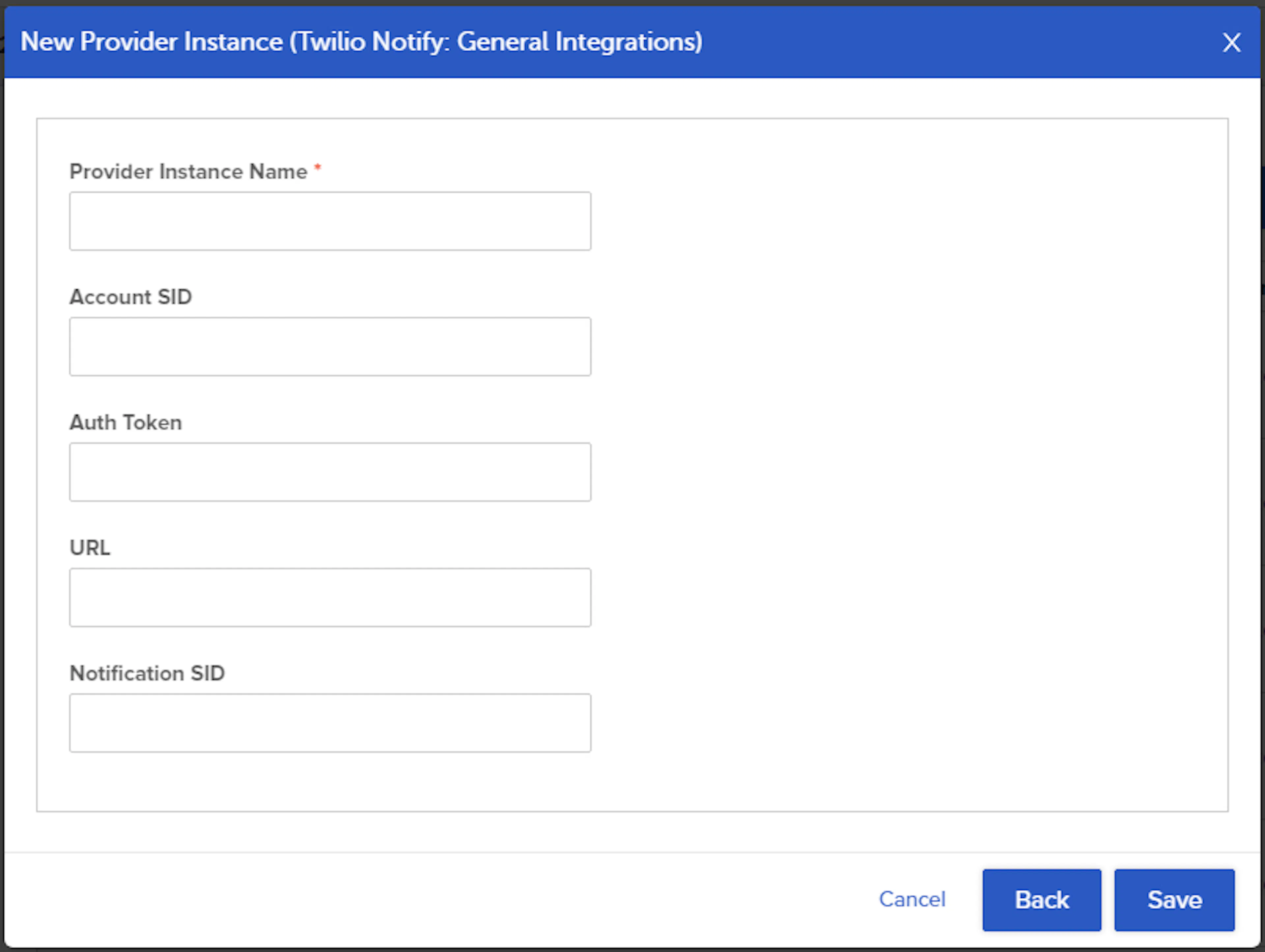 New Provider modal showing the fields for a Twilio message provider