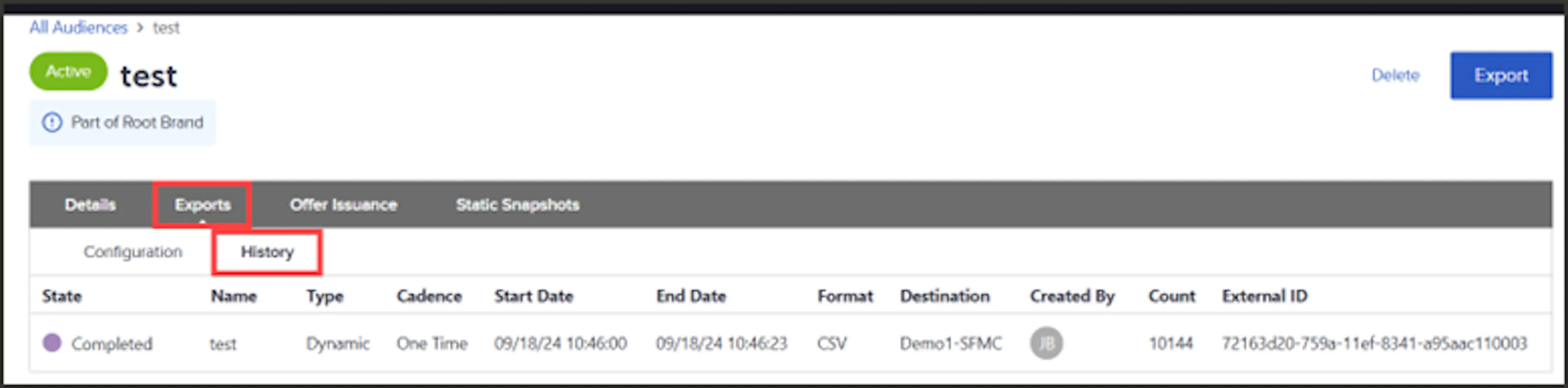 History tab showing export job history for a specific audience