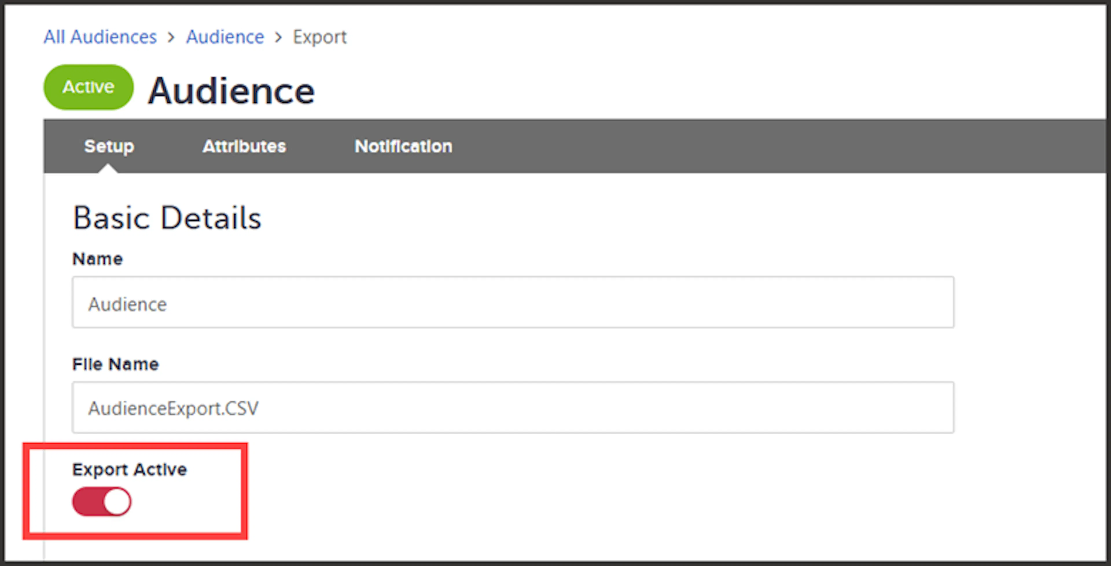Export Active slider on the Setup tab of the export job builder