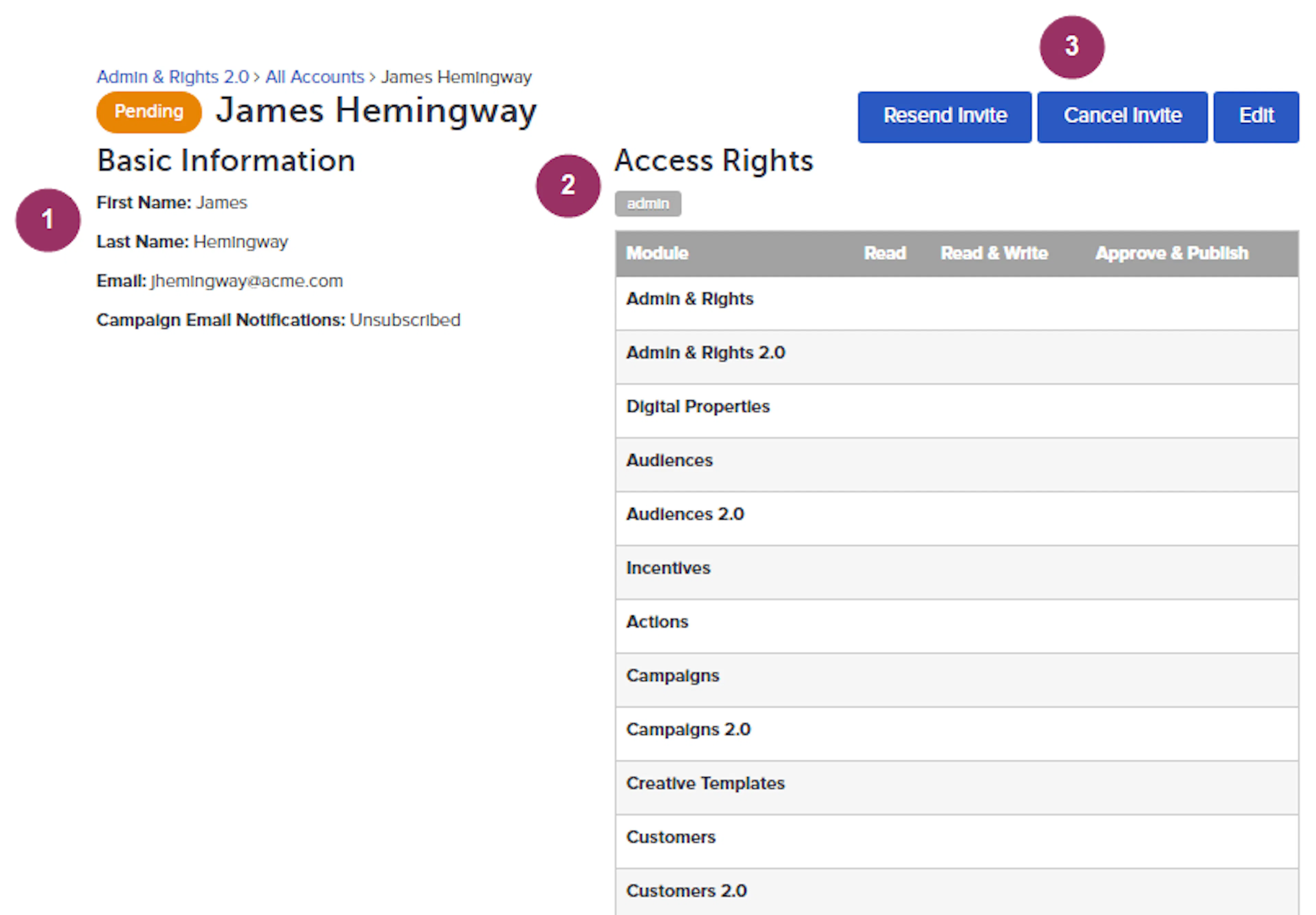 Account details page with numbered callouts