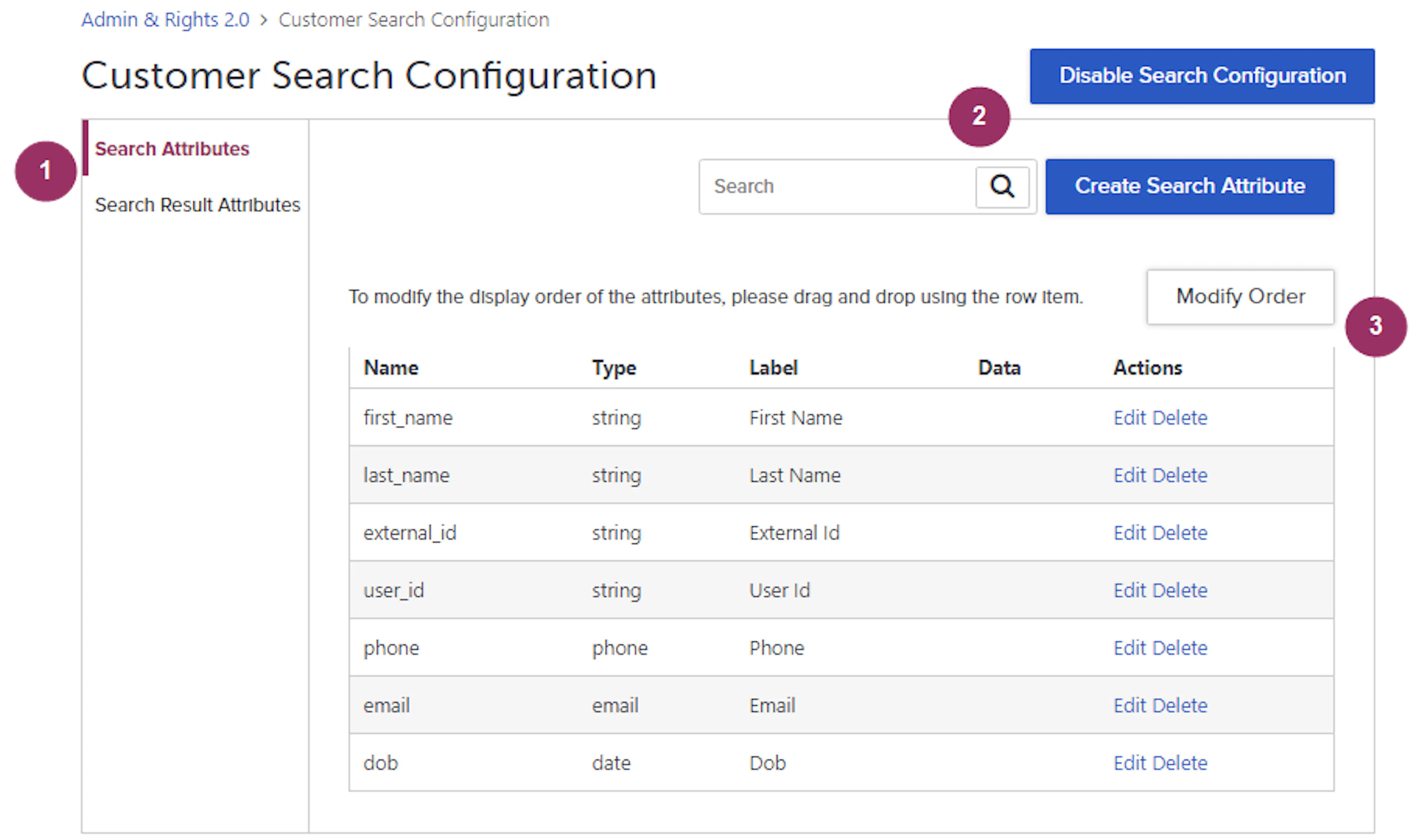 Customer Search Configuration page with numbered callouts