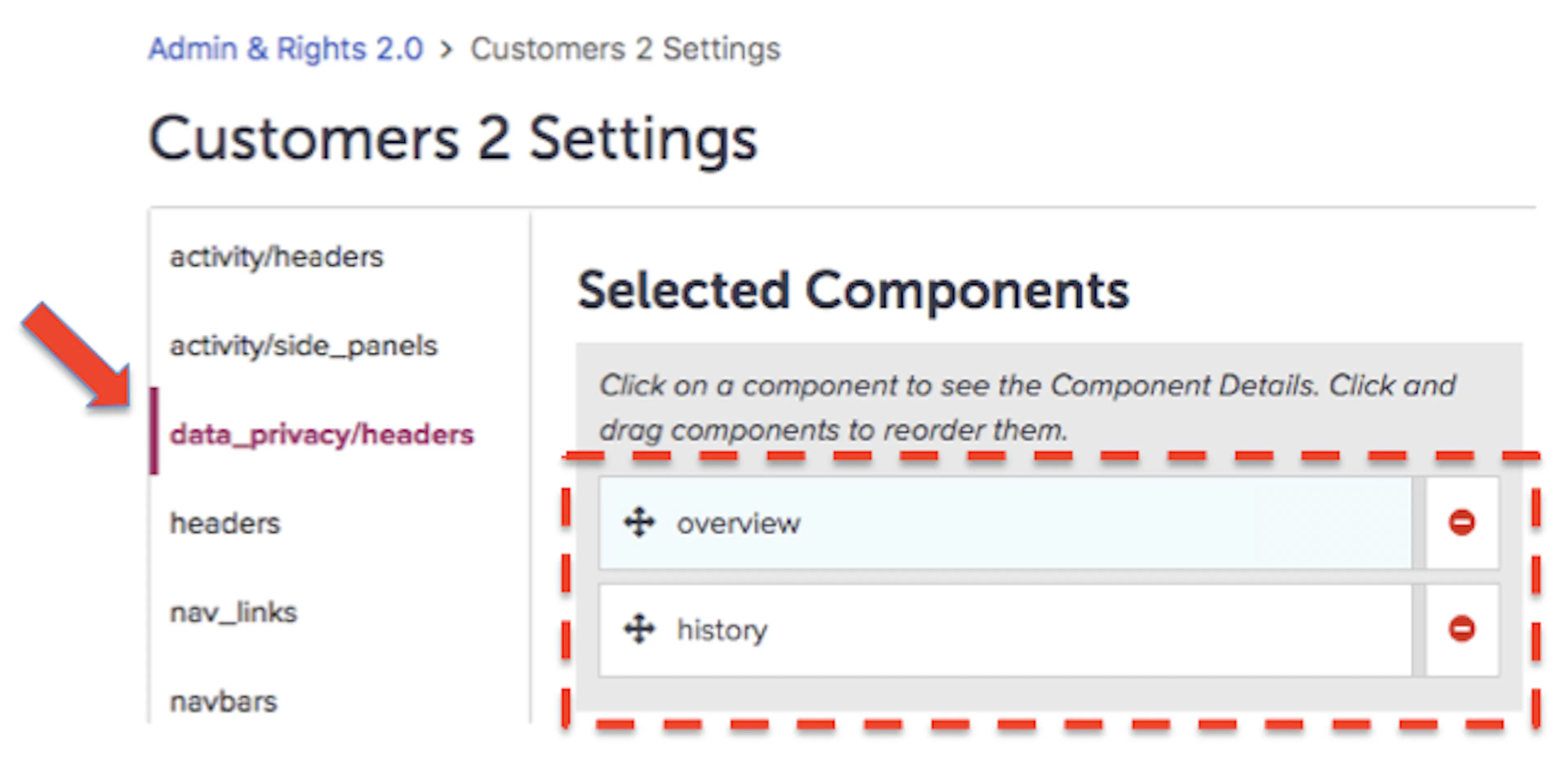 data_privacy/headers components and their sequence in Customers 2 Settings