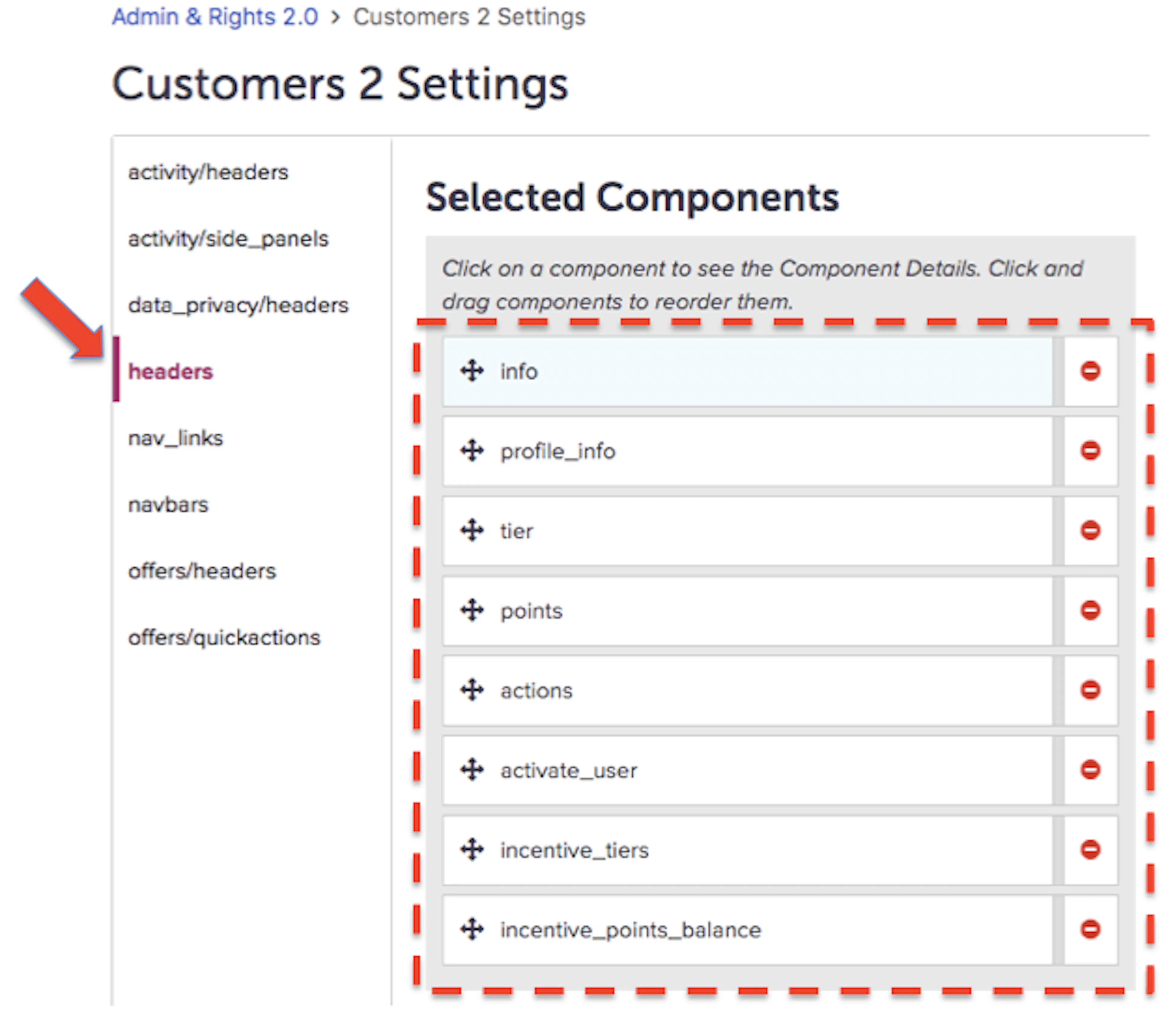 headers components and their sequence in Customers 2 Settings