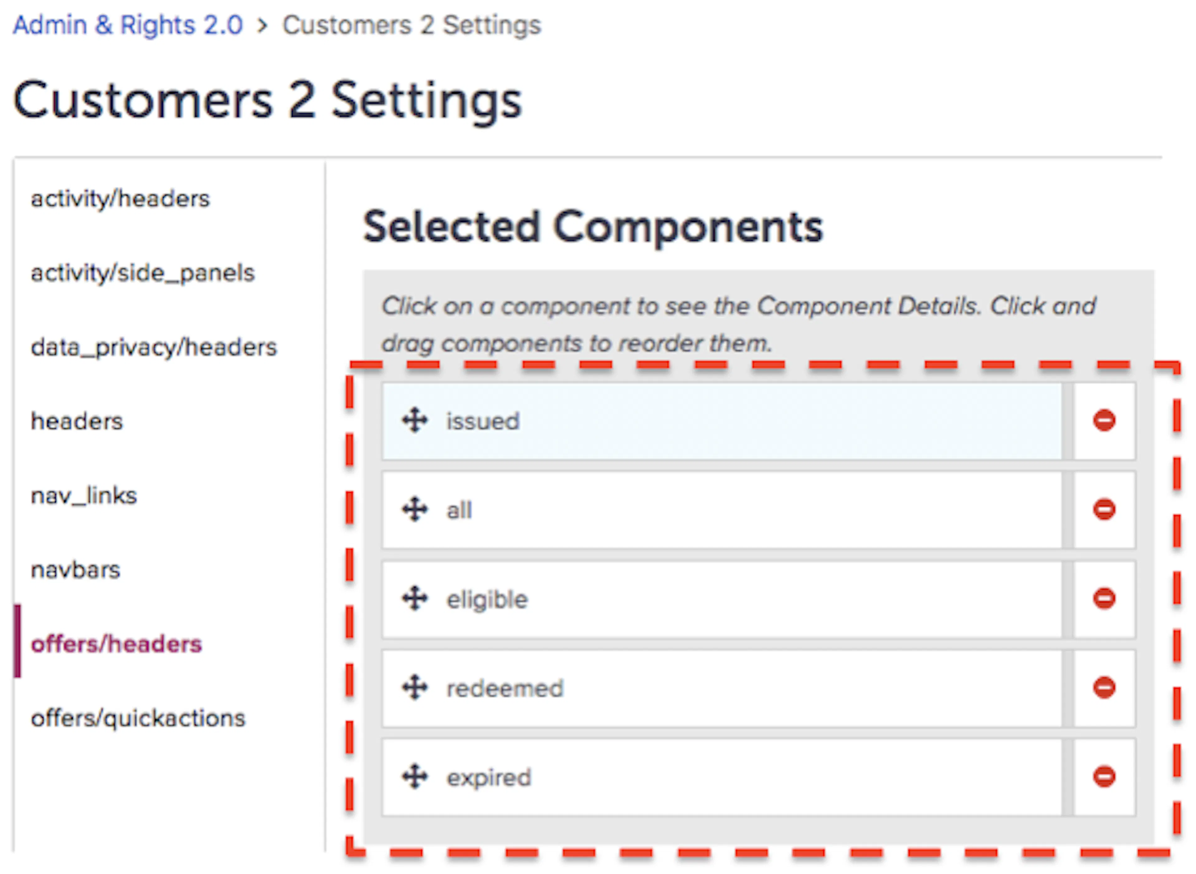offers/headers components and their sequence in Customers 2 Settings