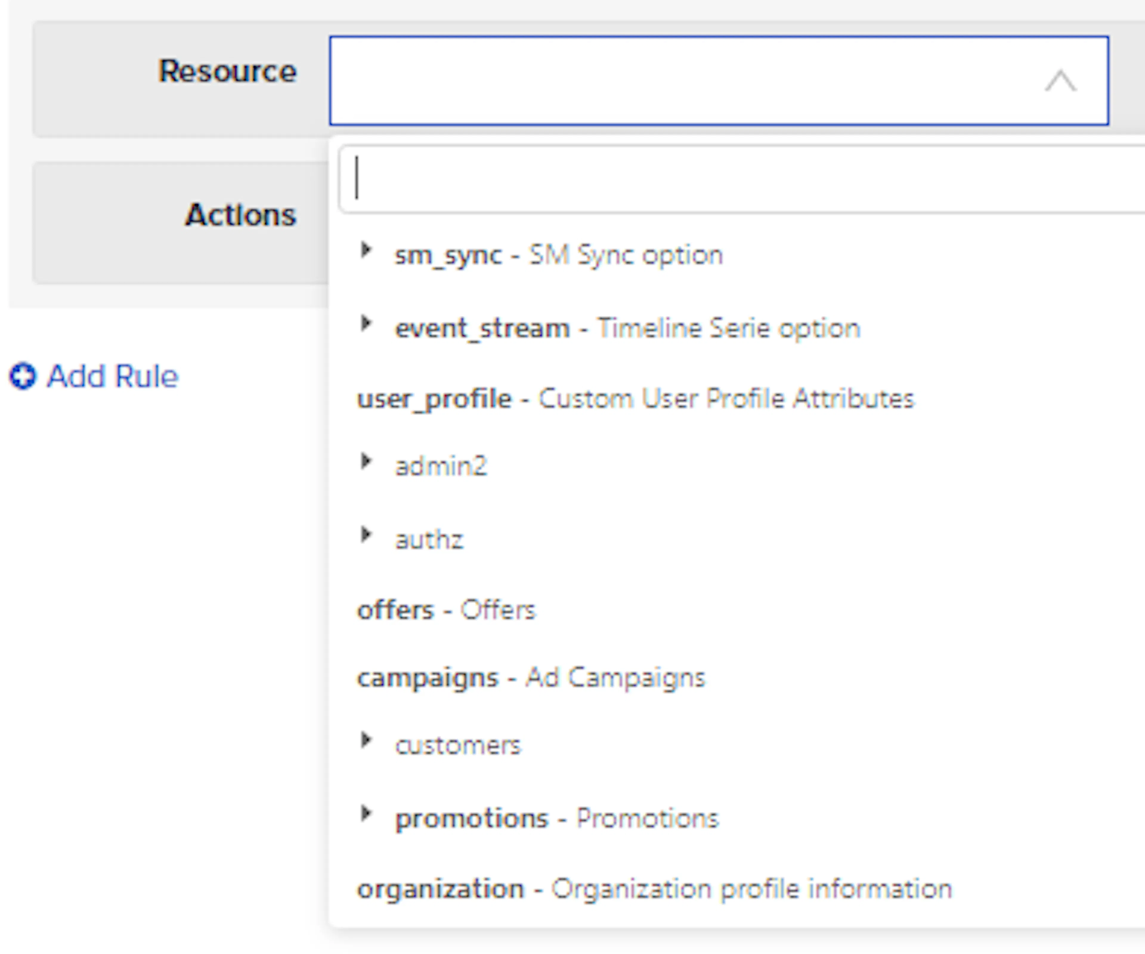 Resource drop-down showing the platform resources available for a role