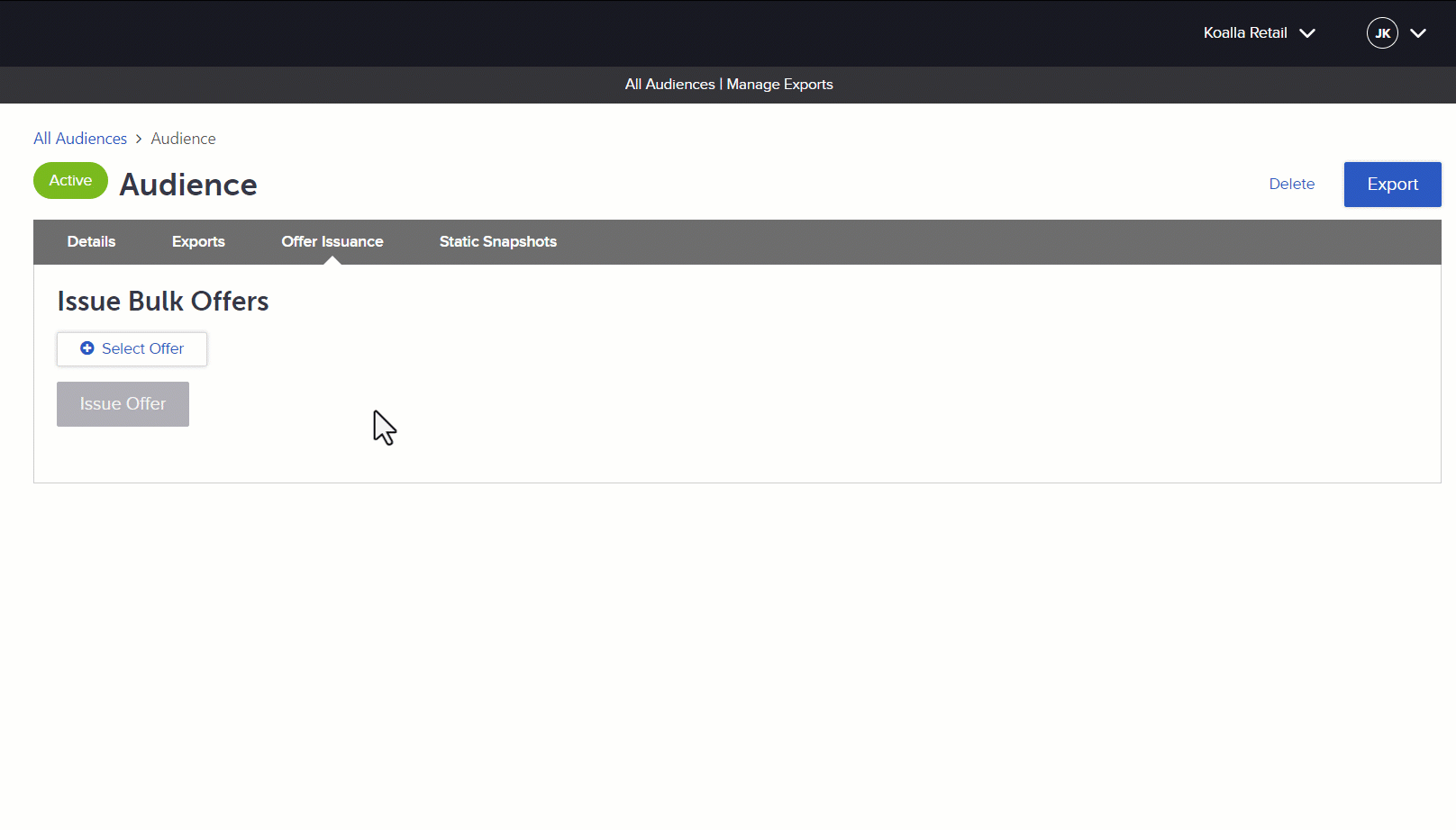 Issuing a bulk offer to an audience from the Offer Issuance tab