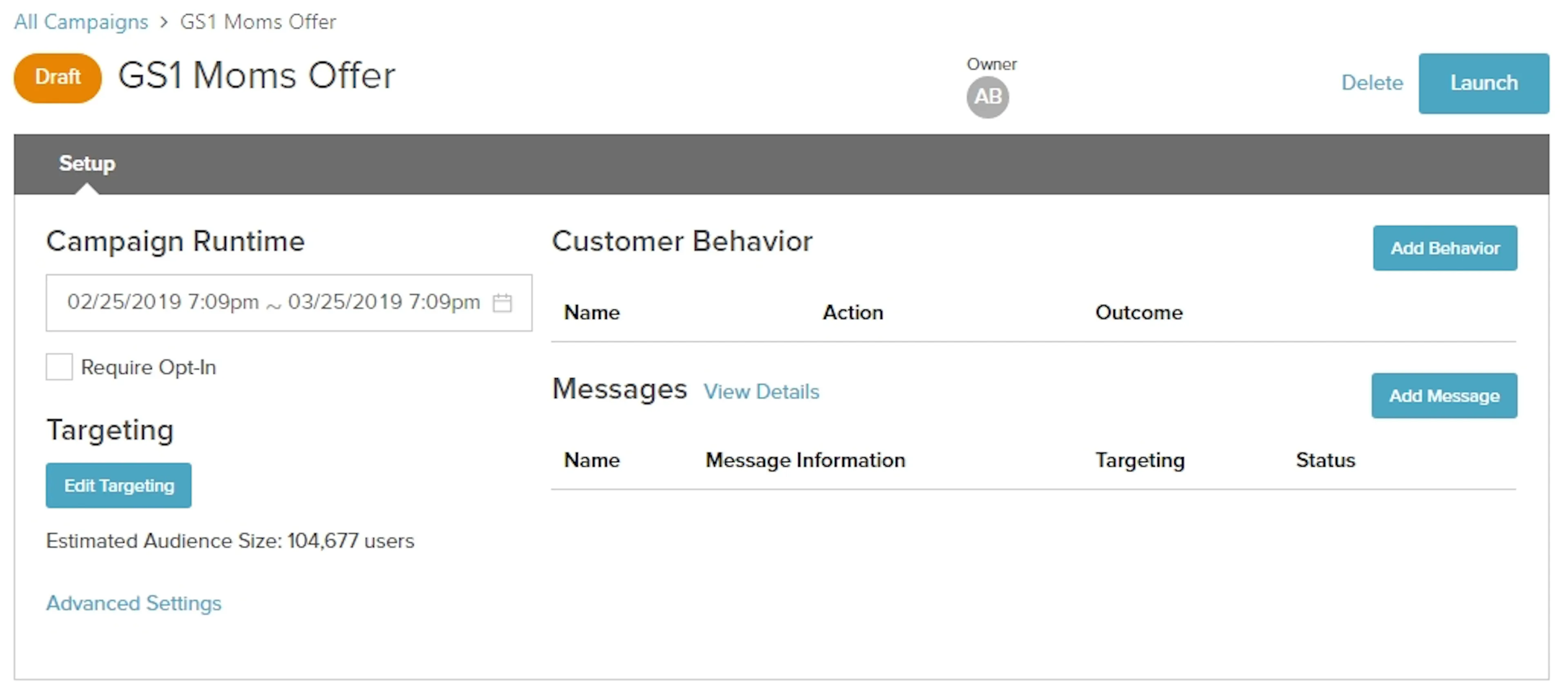 Setup tab showing the components defined for a campaign