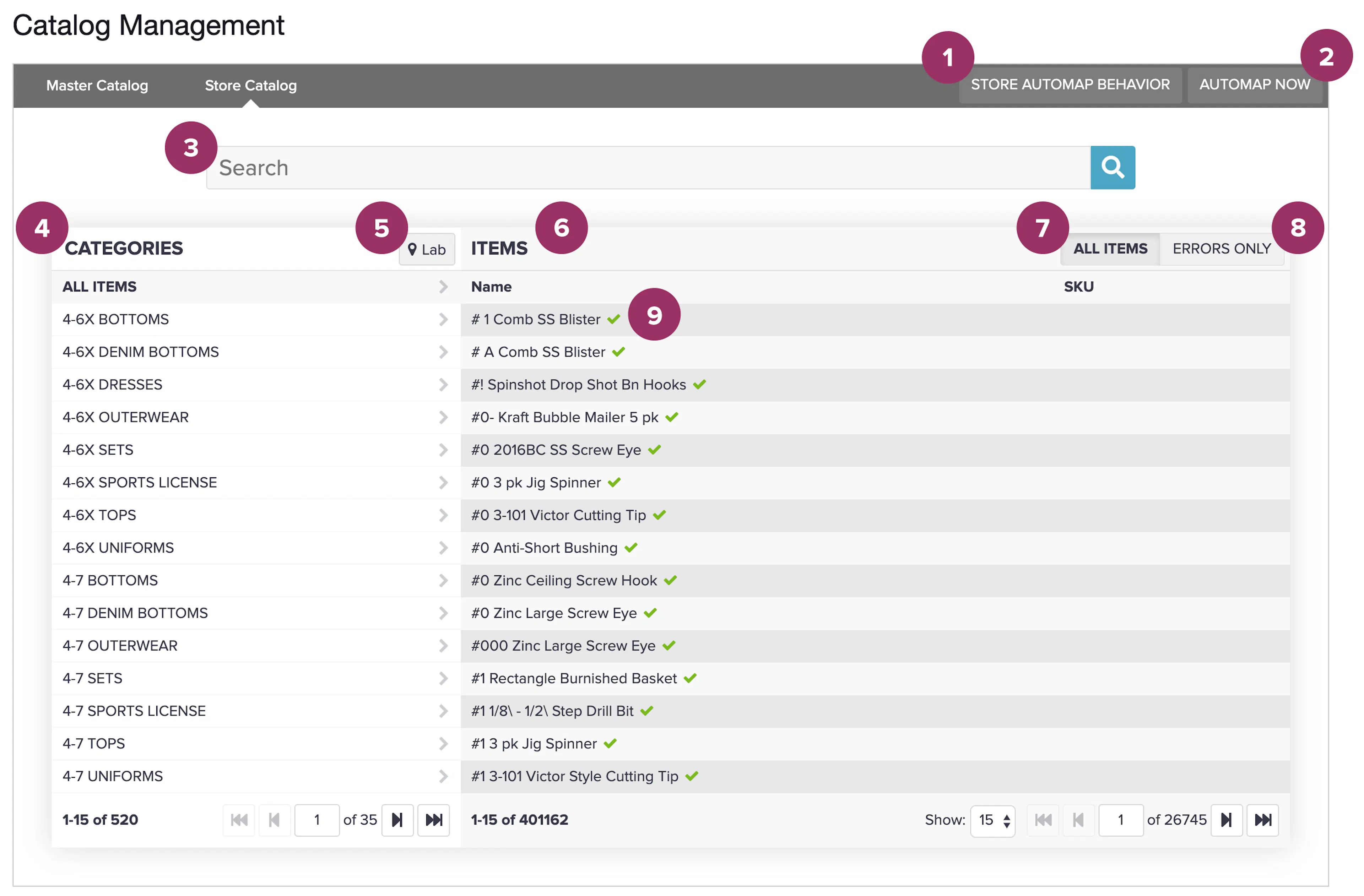 Store Catalog tab with numbered UI components