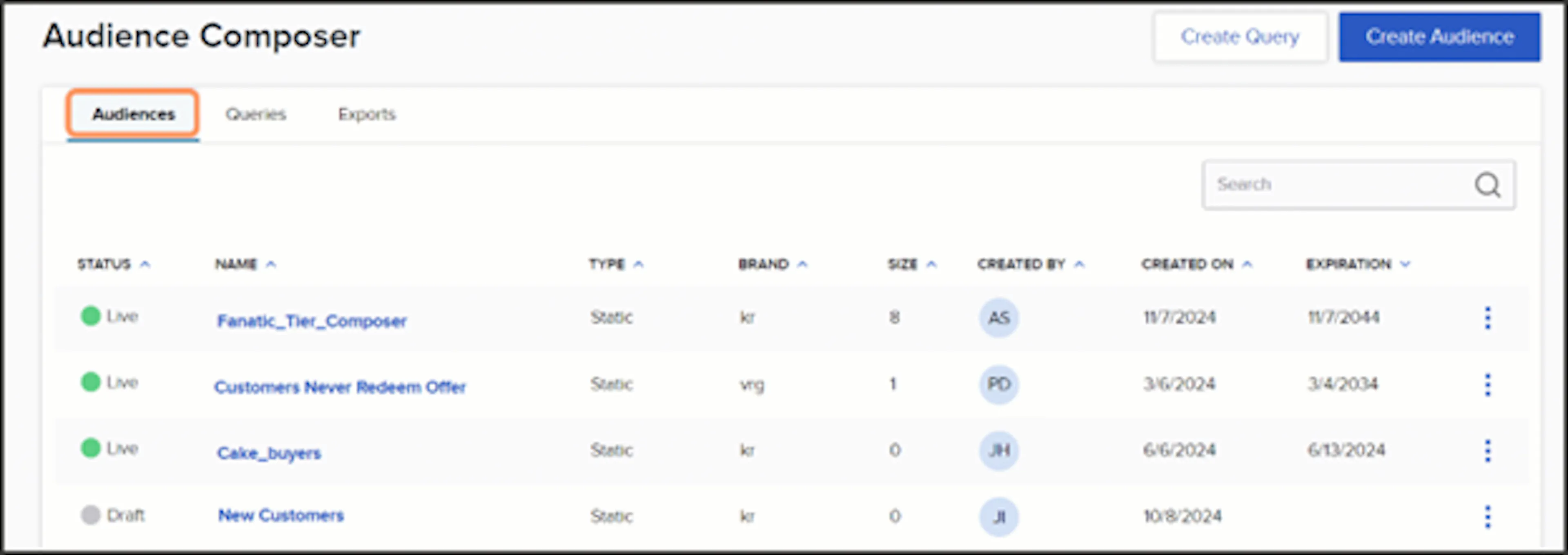 Audiences view listing all audiences created in the Composer module