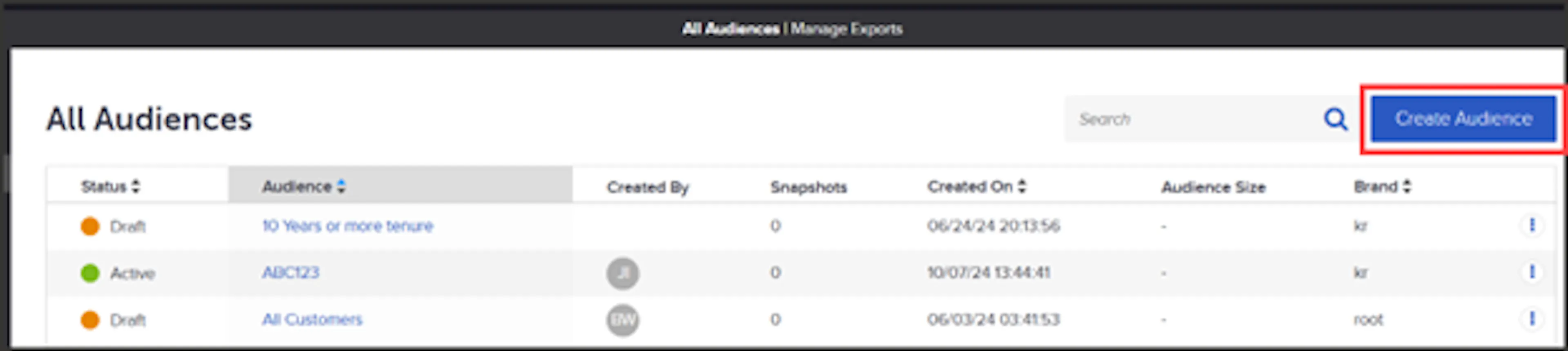All Audiences view with the Create Audience button in the top right corner