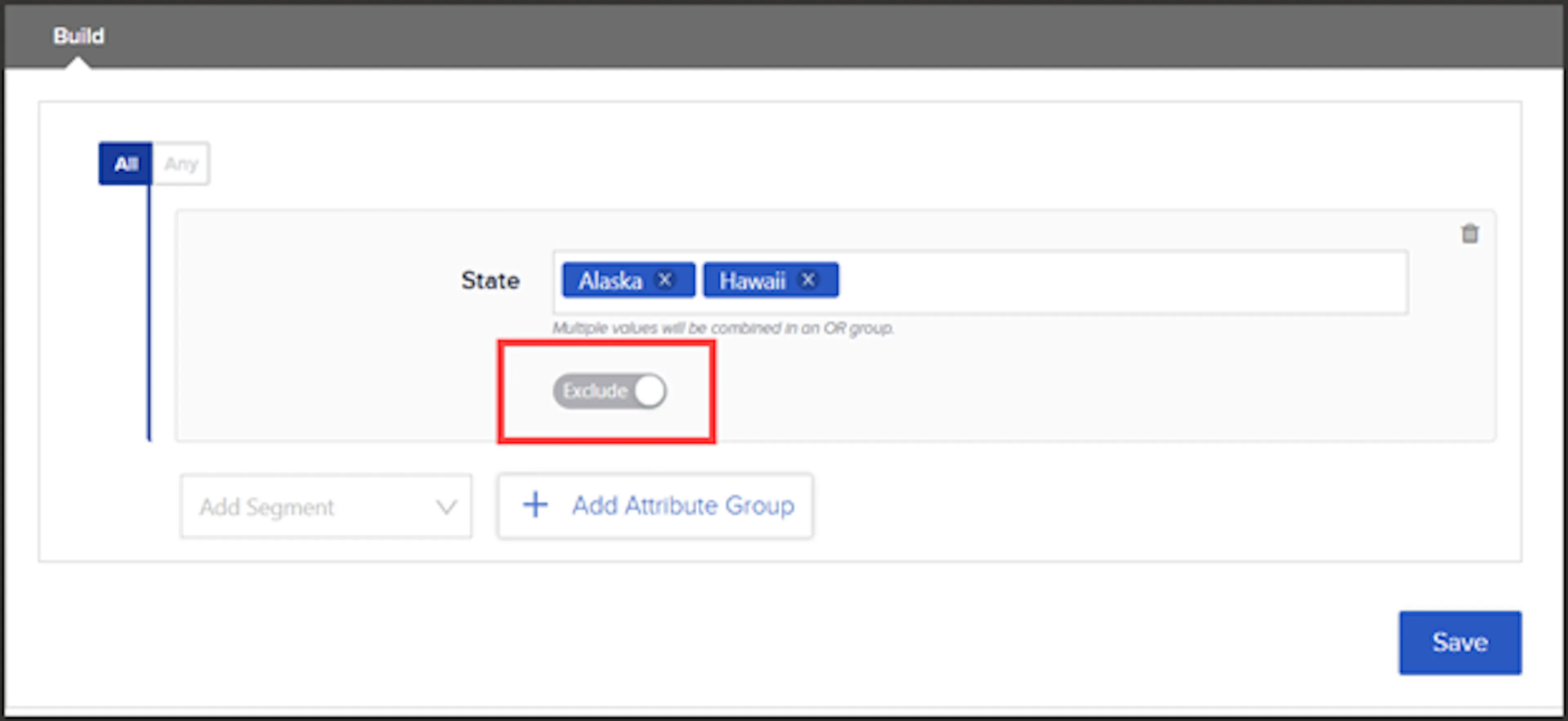 Attribute card showing the Include/Exclude toggle