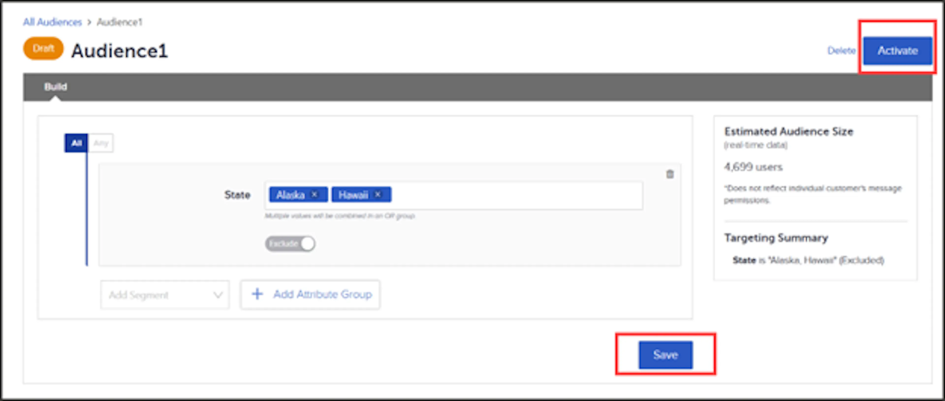 Save and Activate buttons at the bottom of the audience builder page
