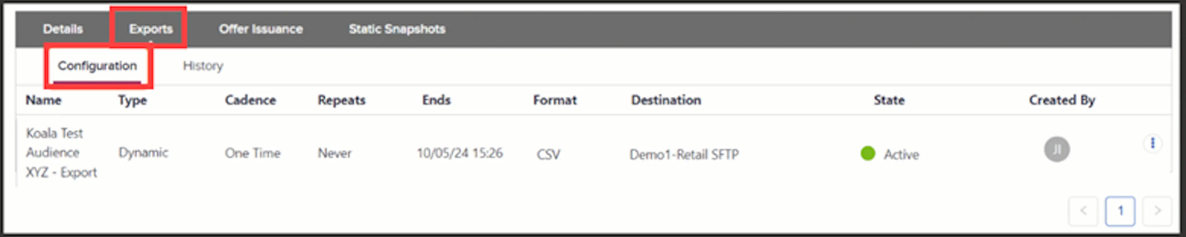 Configuration tab showing export job configurations for a specific audience