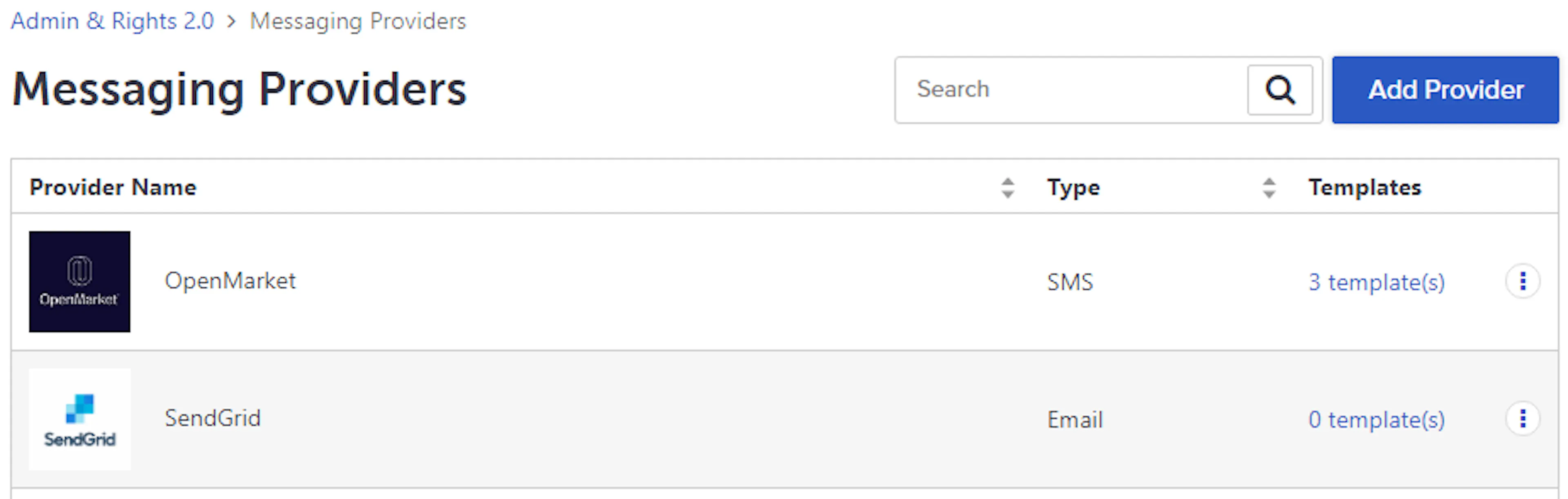 Messaging Providers page listing configured providers