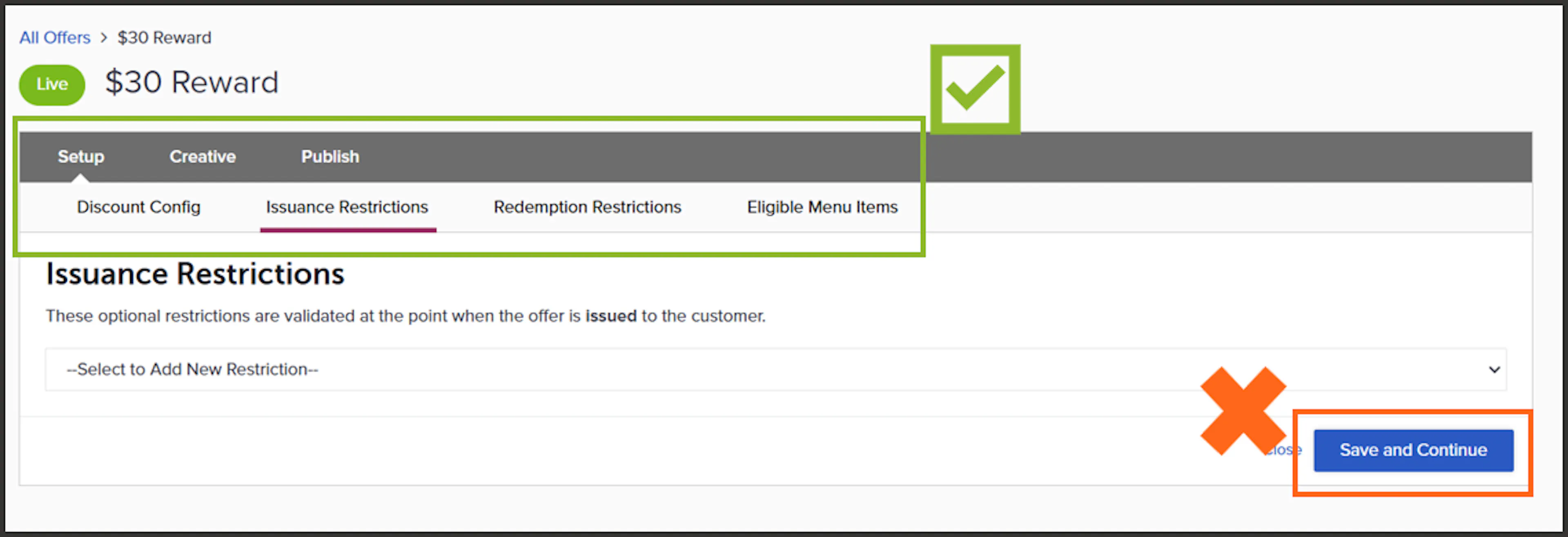 Tabs across the top of a live offer used to navigate without saving