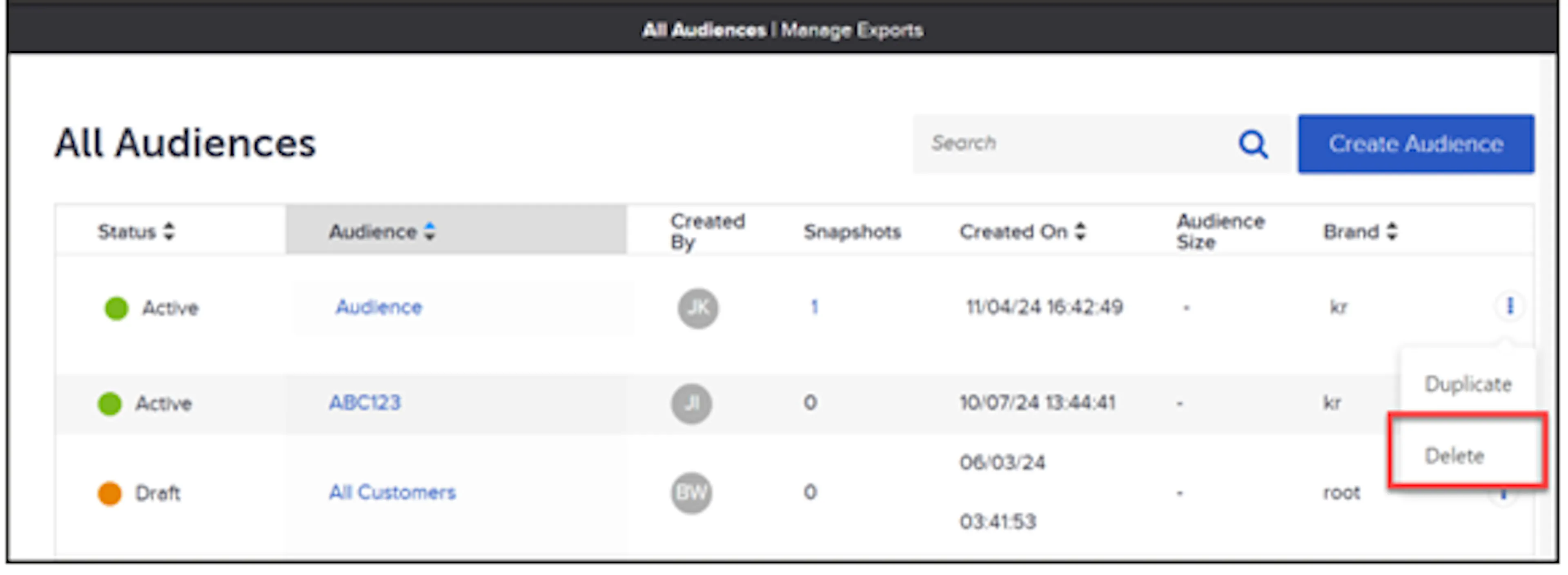 Quick action menu on an audience row with Delete selected