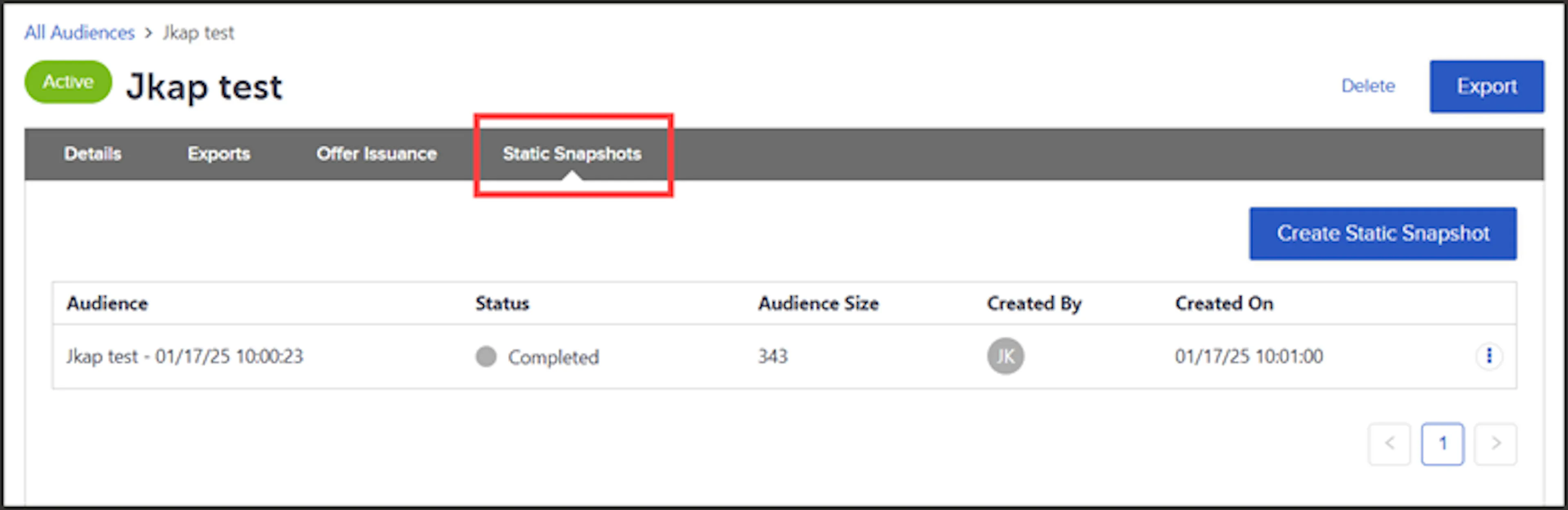 Static Snapshots tab listing the snapshots taken for an audience