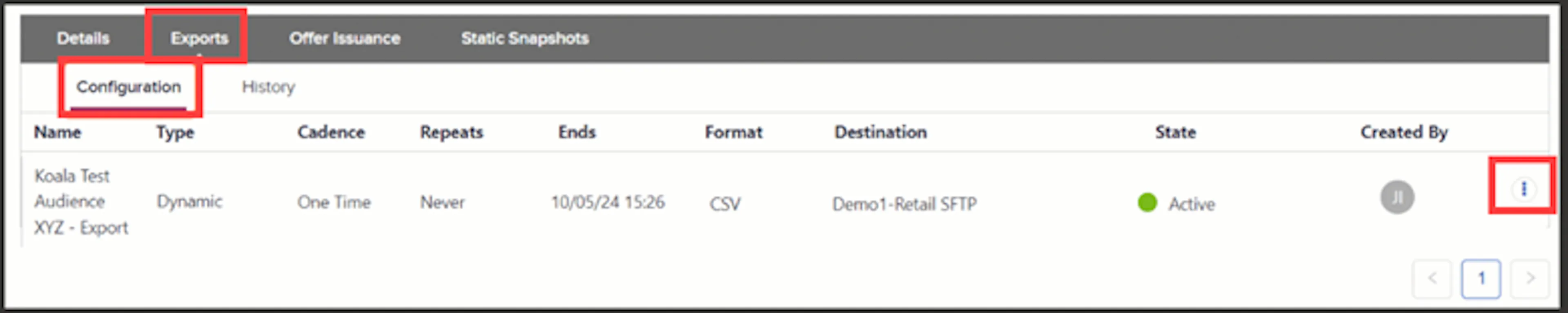 Exports tab with the action menu open on an export row