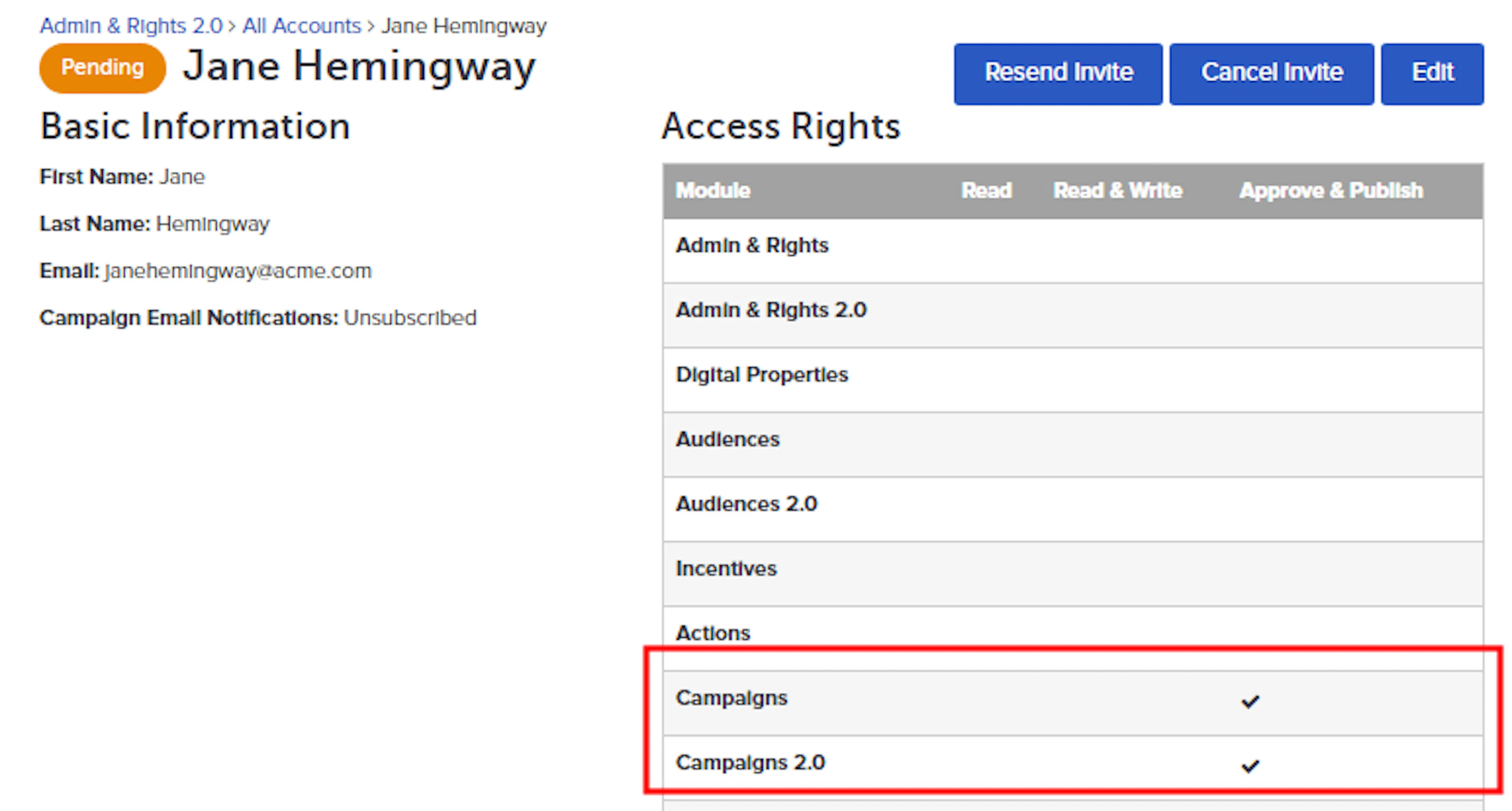 Account details page showing module-specific access rights in the table