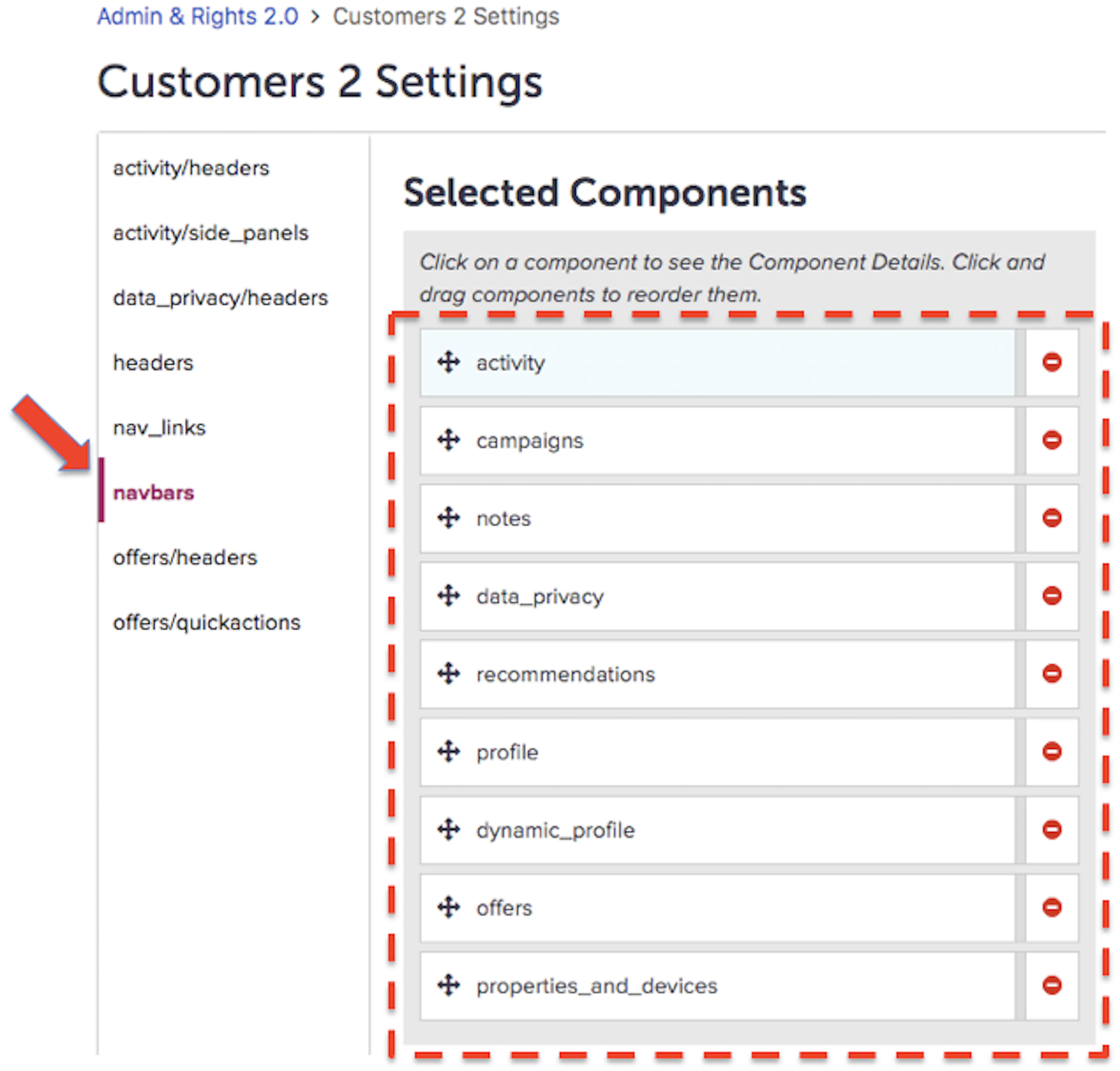 navbars components and their sequence in Customers 2 Settings