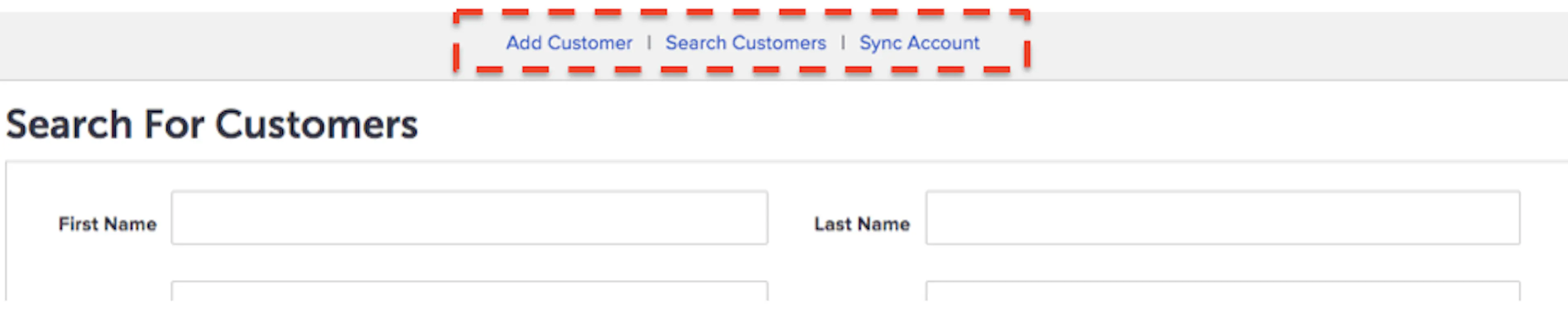 Navigation links as displayed in the Customers Module