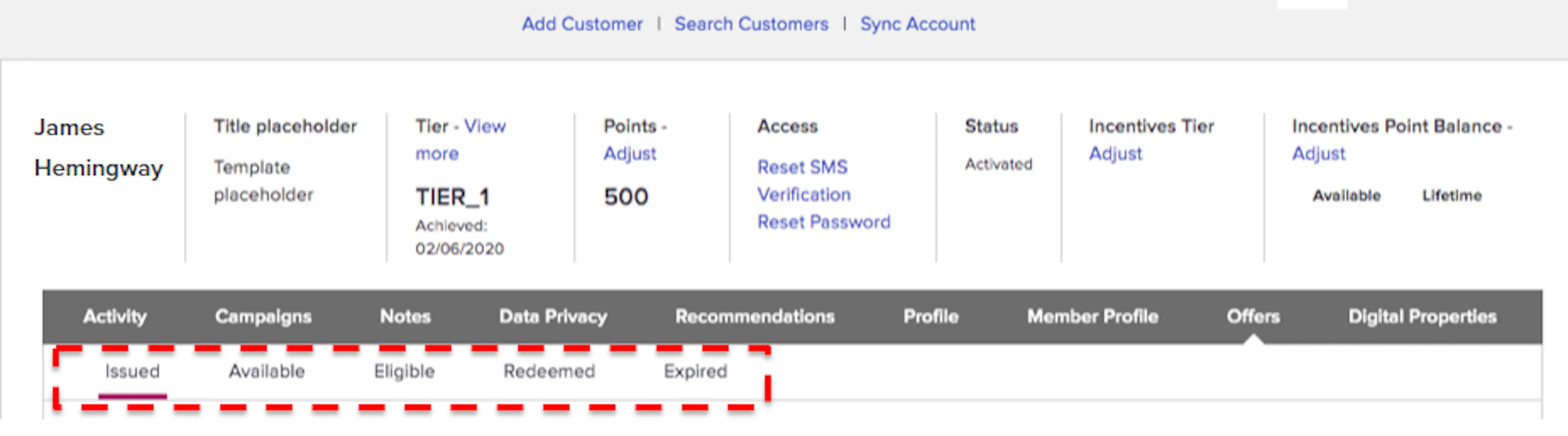 Offers tab sub-tabs as displayed in the Customers Module