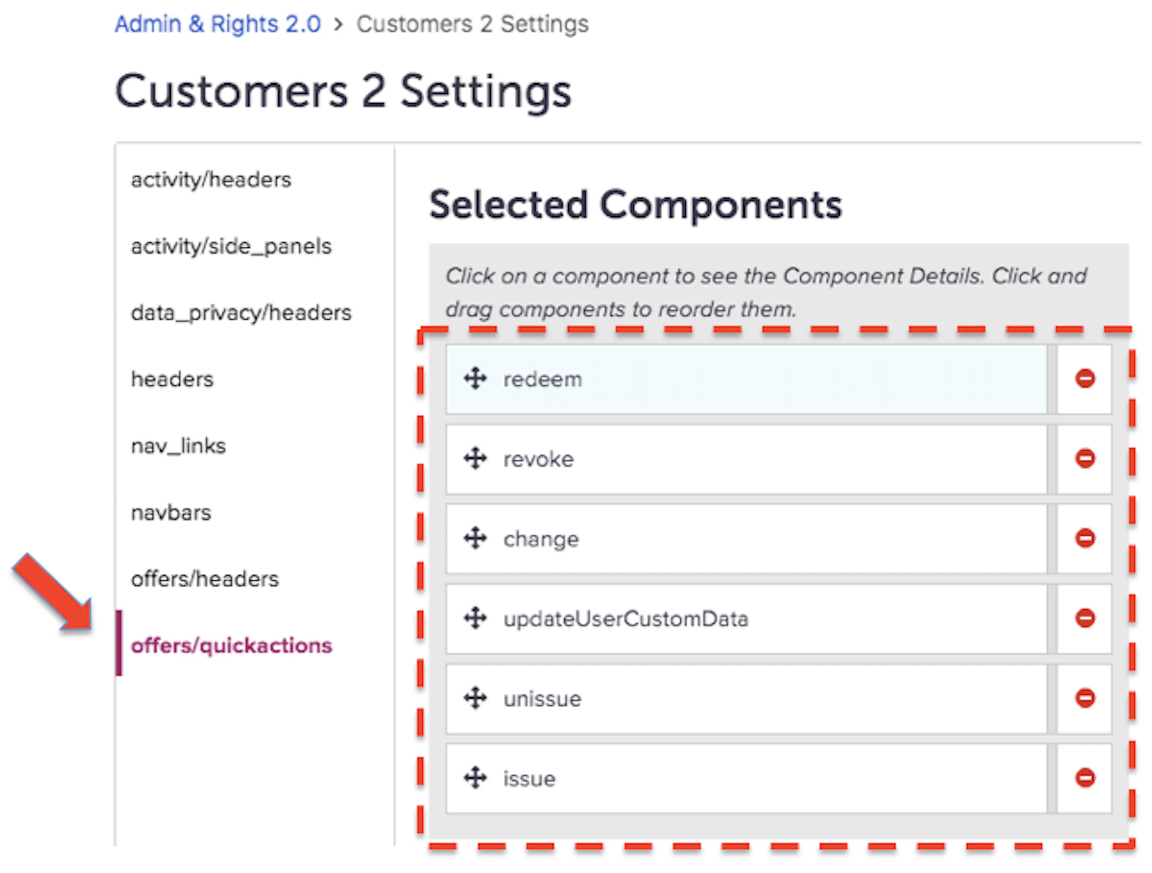 offers/quickactions components and their sequence in Customers 2 Settings