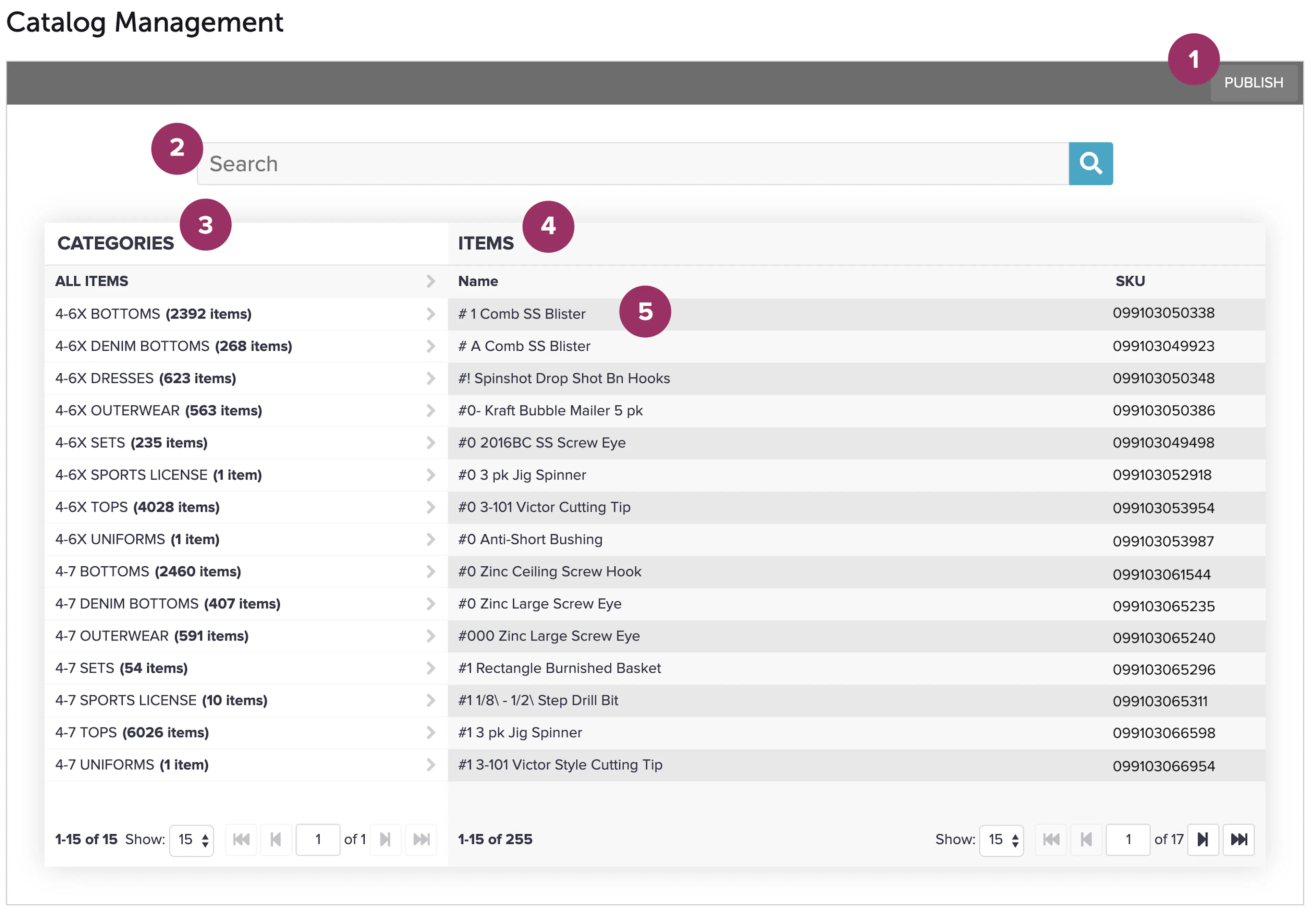 Unified catalog view with numbered UI components