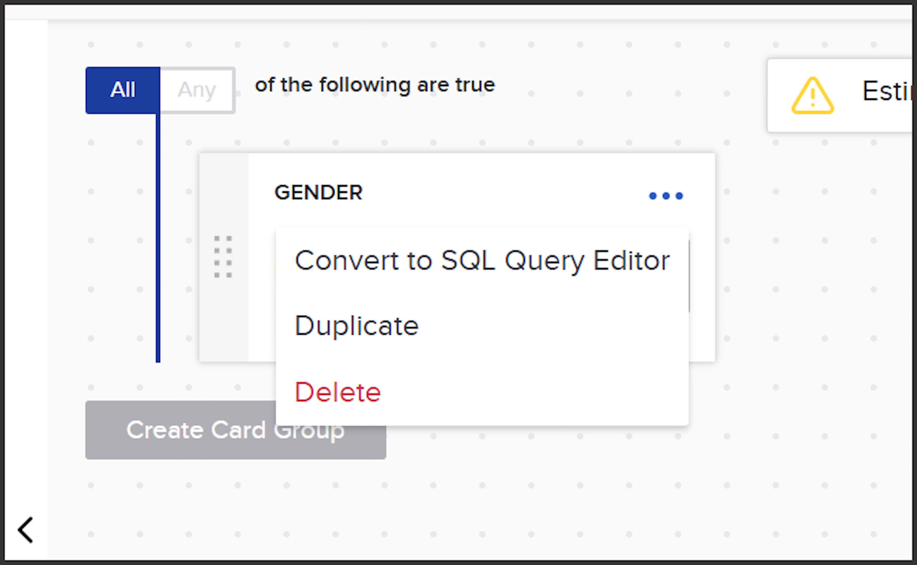 Quick action button menu on an attribute card