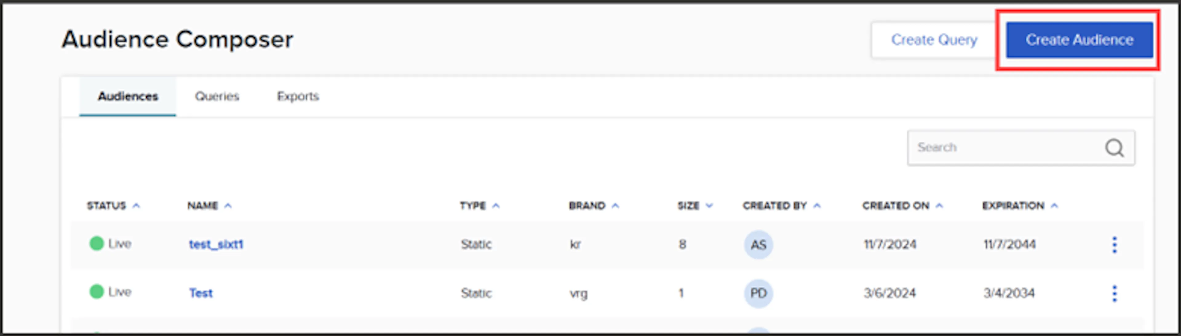 Create Audience button in the top right corner of the Composer module main page