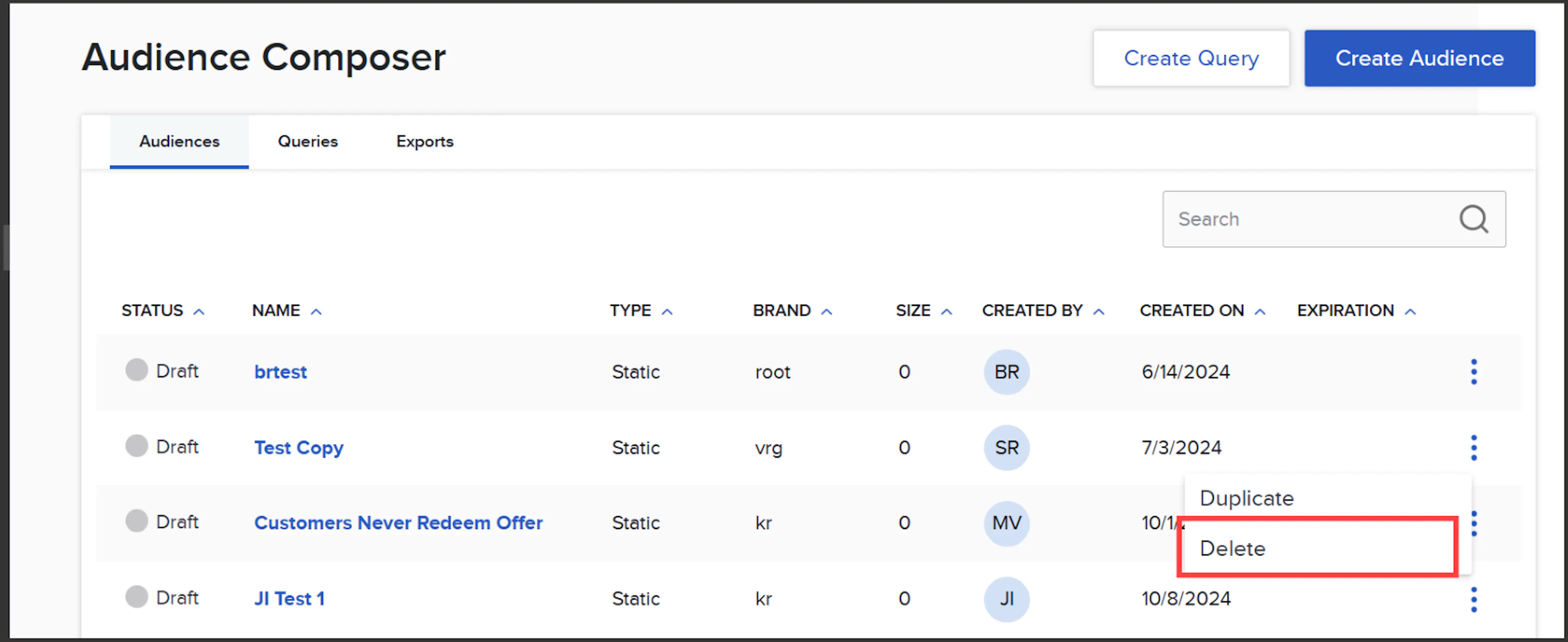 Quick action menu on a Composer audience row with Delete selected